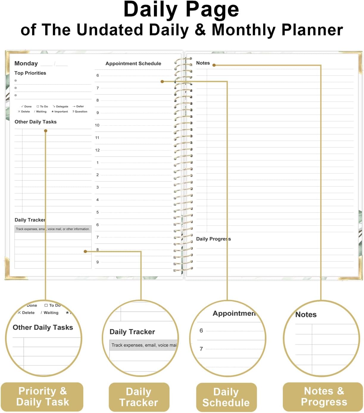 Undated Daily Monthly Planner for 2025 2026 - A4 To Do List with Hourly Schedule, Hardcover Spiral Bound Daily Planner to Increase Focus, Stylish School/Office Supplies, 8.5" x 11", Green Leaf
