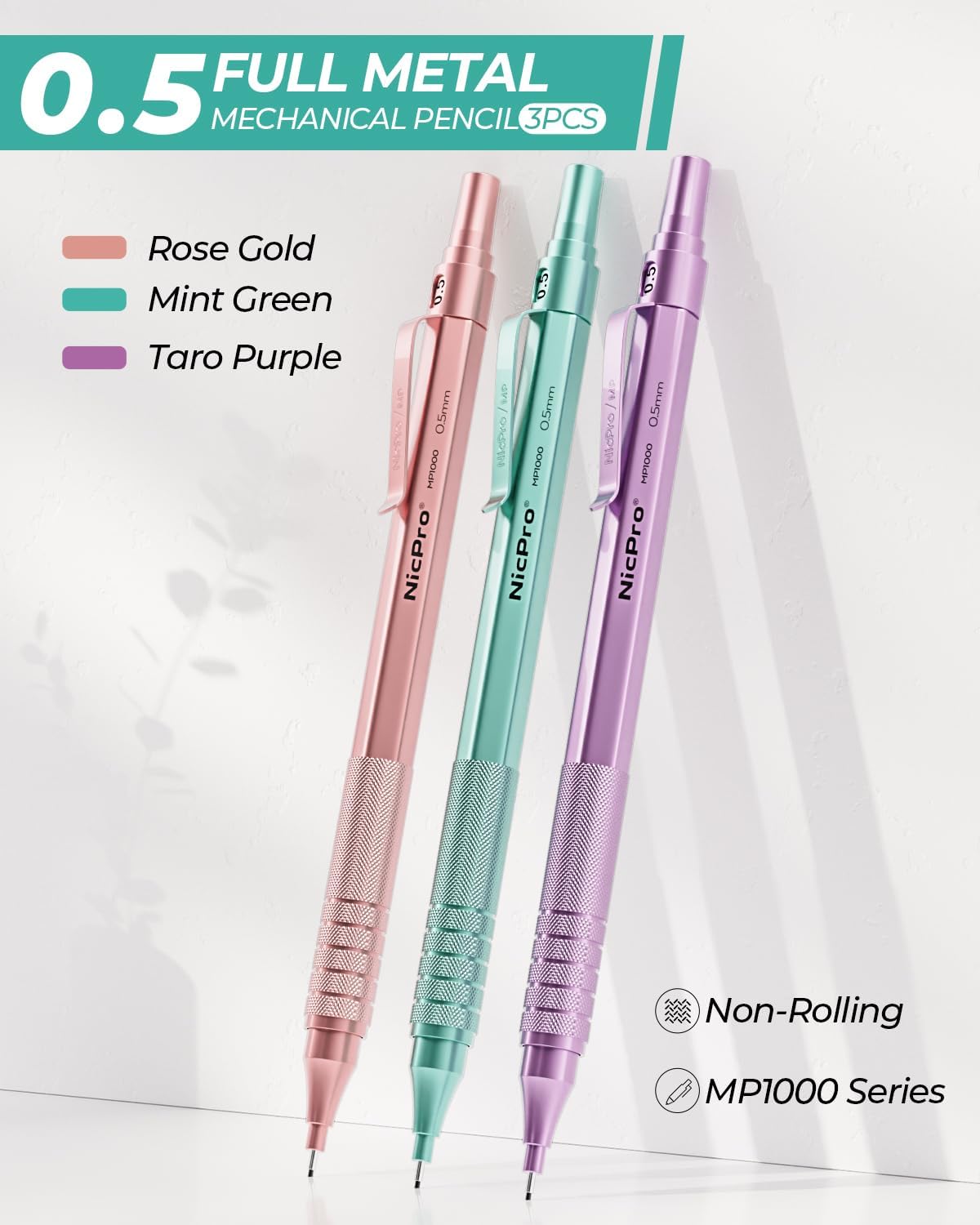 Nicpro 0.5 mm Metal Mechanical Pencil Set, 3PCS MP1000 Artist Lead Pencils With 480PCS HB 2B Lead Refills, Erasers, Aesthetic School Supplies for Girls & Women Teacher Writing Drawing Sketching