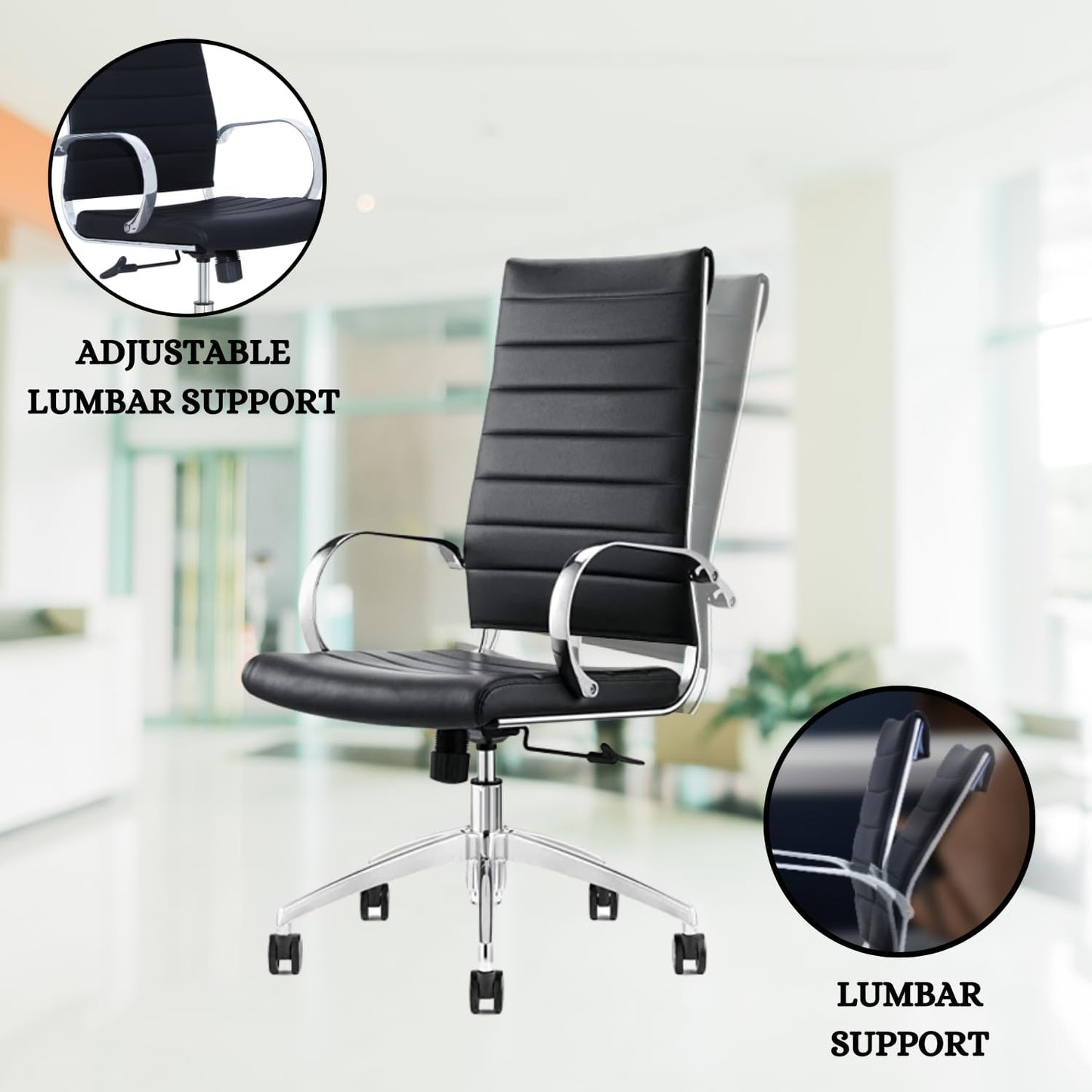 Ribbed Desk Chair - Lumbar Support, Modern Style Executive Chair for Home and Office - 360 Swivel Rolling Wheels - Aluminum Chrome Frame & Base (Black & Chrome High Back, Pack of 25)