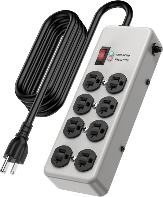 HEZI 20A Power Strip Surge Protector Durable Metal 8-Outlet with Heavy Duty 20 Amp Extension Cord,12 Gauge for Garage,Workshop & Industrial Use with 6-20R T-Slot Outlets,4800J(Grey,10FT)