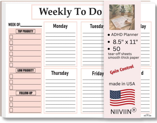 Weekly To Do List Notepad - Weekly Planner Notepad, ADHD Planner for Adults, 50 Tear-Off 8.5" x 11" Sheets, Extra Thick Backing
