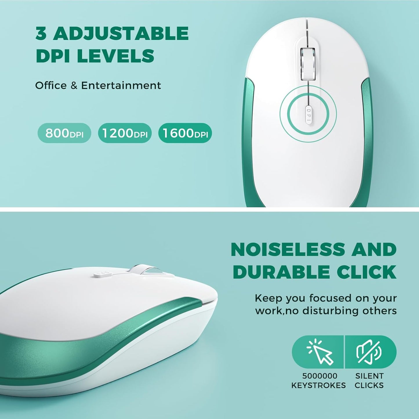Wireless Keyboard and Mouse, Vssoplor Rechargeable Quiet Full-Size Keyboard and Mouse Combo Set Ultra Slim Design for Laptop, PC, Notebook, Desktop-Blackish Green