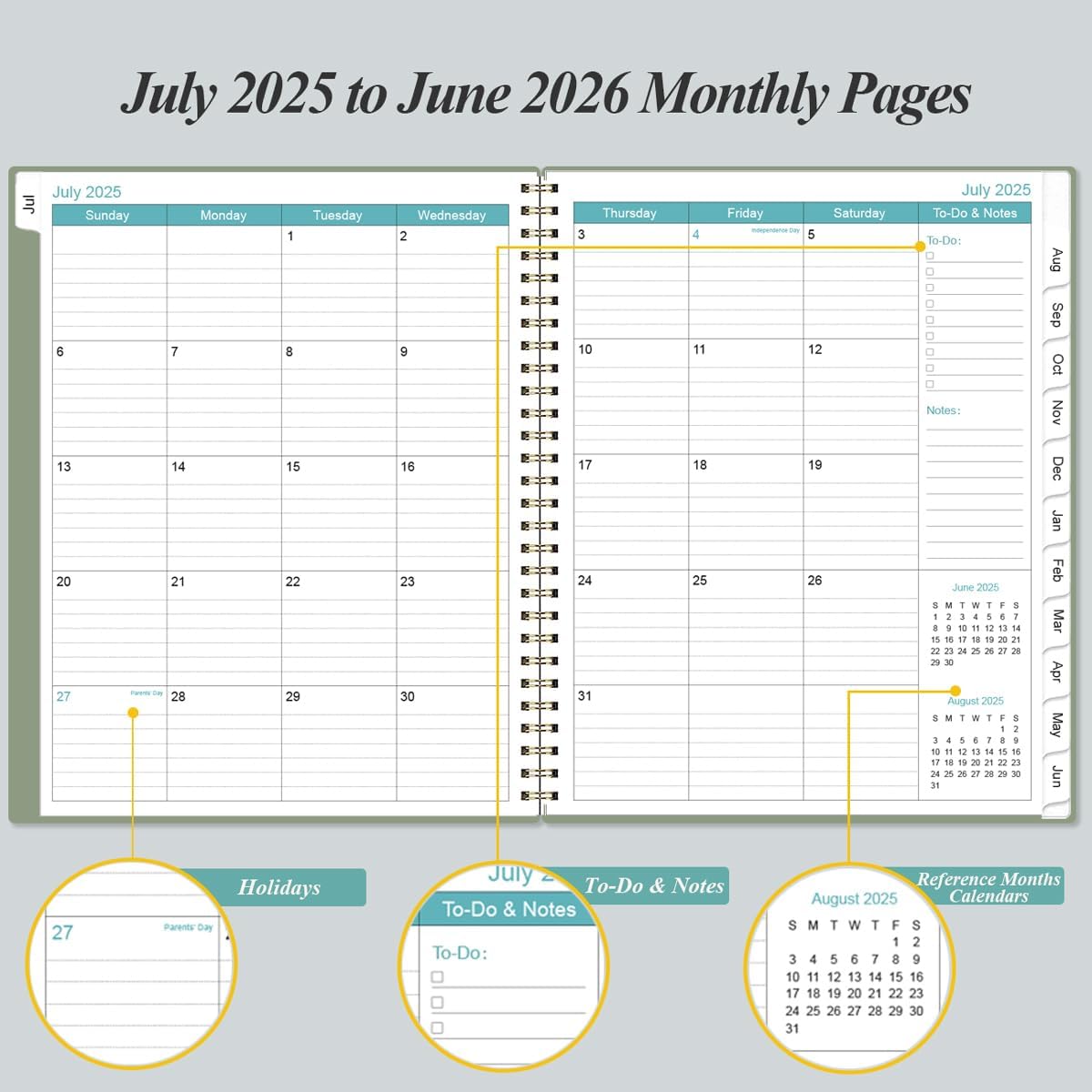 2025-2026 Planner - Academic Planner 2025-2026 from July 2025 to June 2026 with 12 Monthly Tabs, Flexible Cover, Inner Pocket, 8.5" x 11", Green