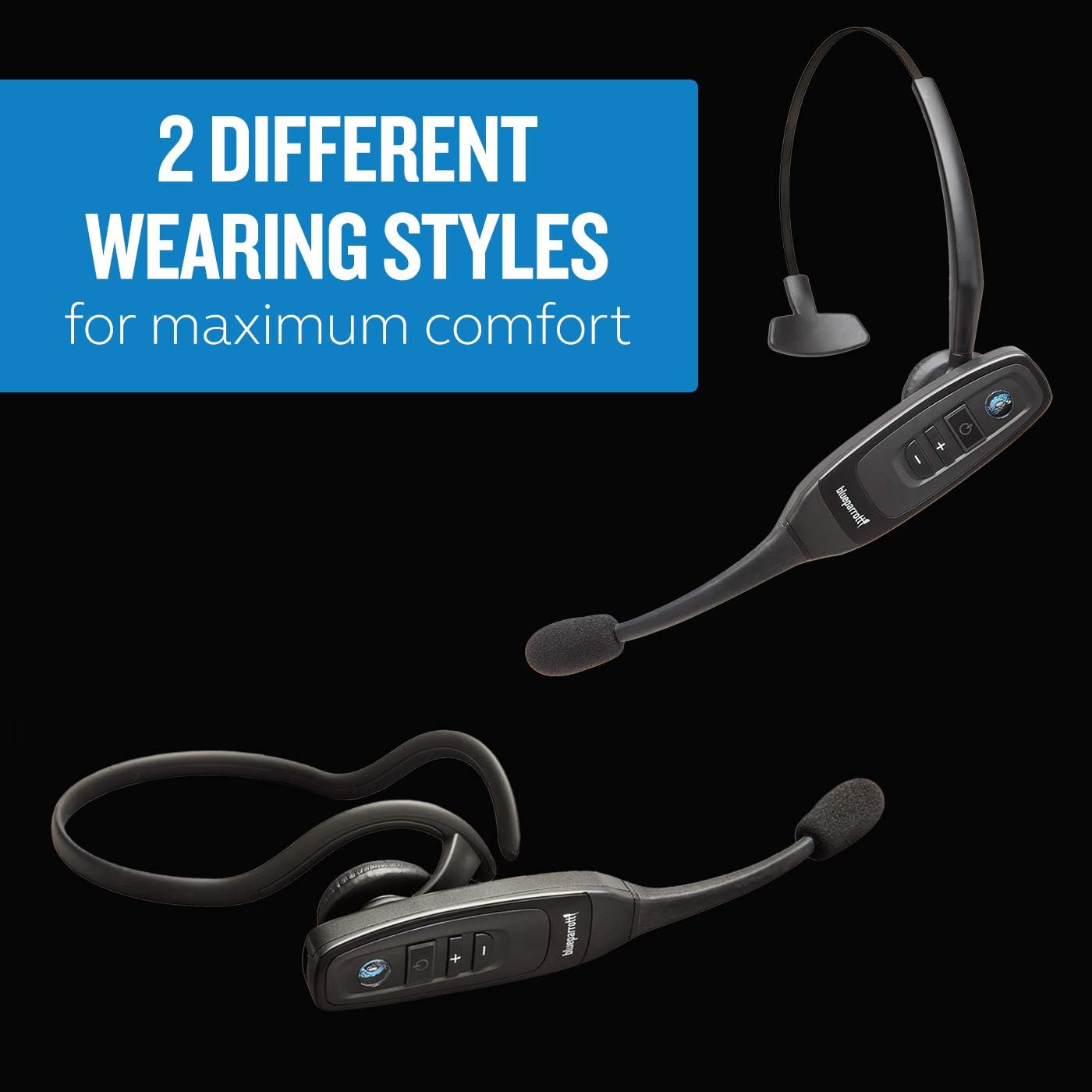 BlueParrott C400-XT Mono Bluetooth Wireless Headphones 96% Noise Canceling Trucker Headset with Mic, Convertible Over Head to Behind Neck Style with 300 ft. Wireless Range, 24 hrs. Talk Time, Black