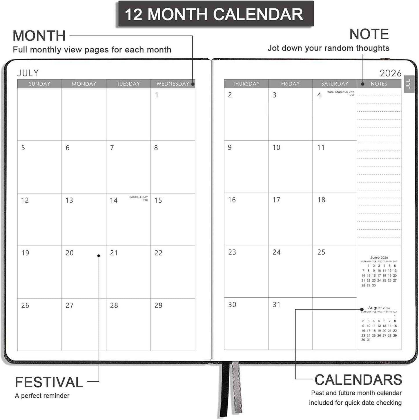 Planner 2026-2027 - 2026-2027 Planner Weekly and Monthly, Jul. 2026 - Jun. 2027, 5.75" x 8.25", Leather Planners with Thick Paper, Hardcover, Pen Loop, Back Pocket with Notes Pages - Grey
