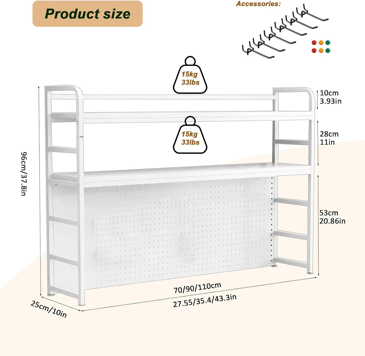 2-Tier Desktop Bookshelf Hutch - Metal Desk Shelf Bookcase with Desk Pegboard Countertop Storage Organizer Rack for Dorm or Office (A, 70cm/27.5in)