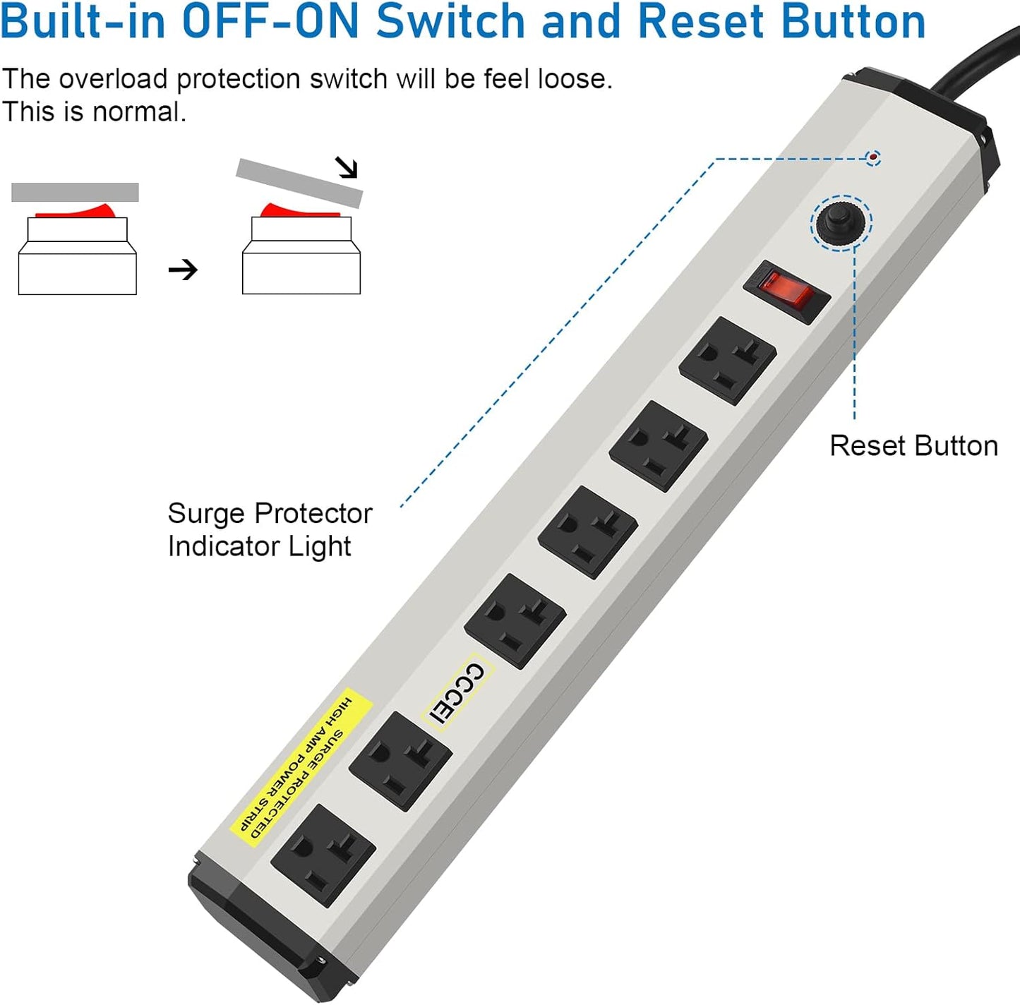 CCCEI Heavy Duty Power Strip Surge Protector 20 Amp, High Amp Industrial Shop Garage Metal Multiple Outlets, 6 FT 12 Gauge 5-15P Extension Cord 6 Outlet 6-20R T-Slot 20a for Appliance.