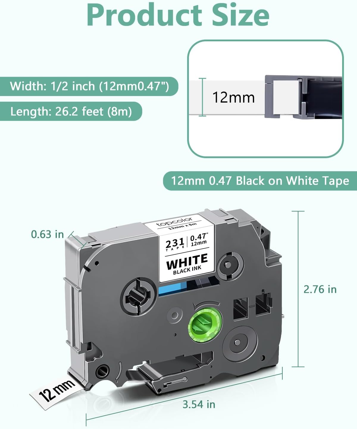 6-Pack Tze231 12mm Label Maker Tape Compatible for Brother P Touch Label Tape 12mm 0.47 White Tze-231 Tz231 Tze Tz 12mm 1/2" Laminated White for PT-D210 PT-D202 PT-D220 PT-D410 PTD600 PTD400
