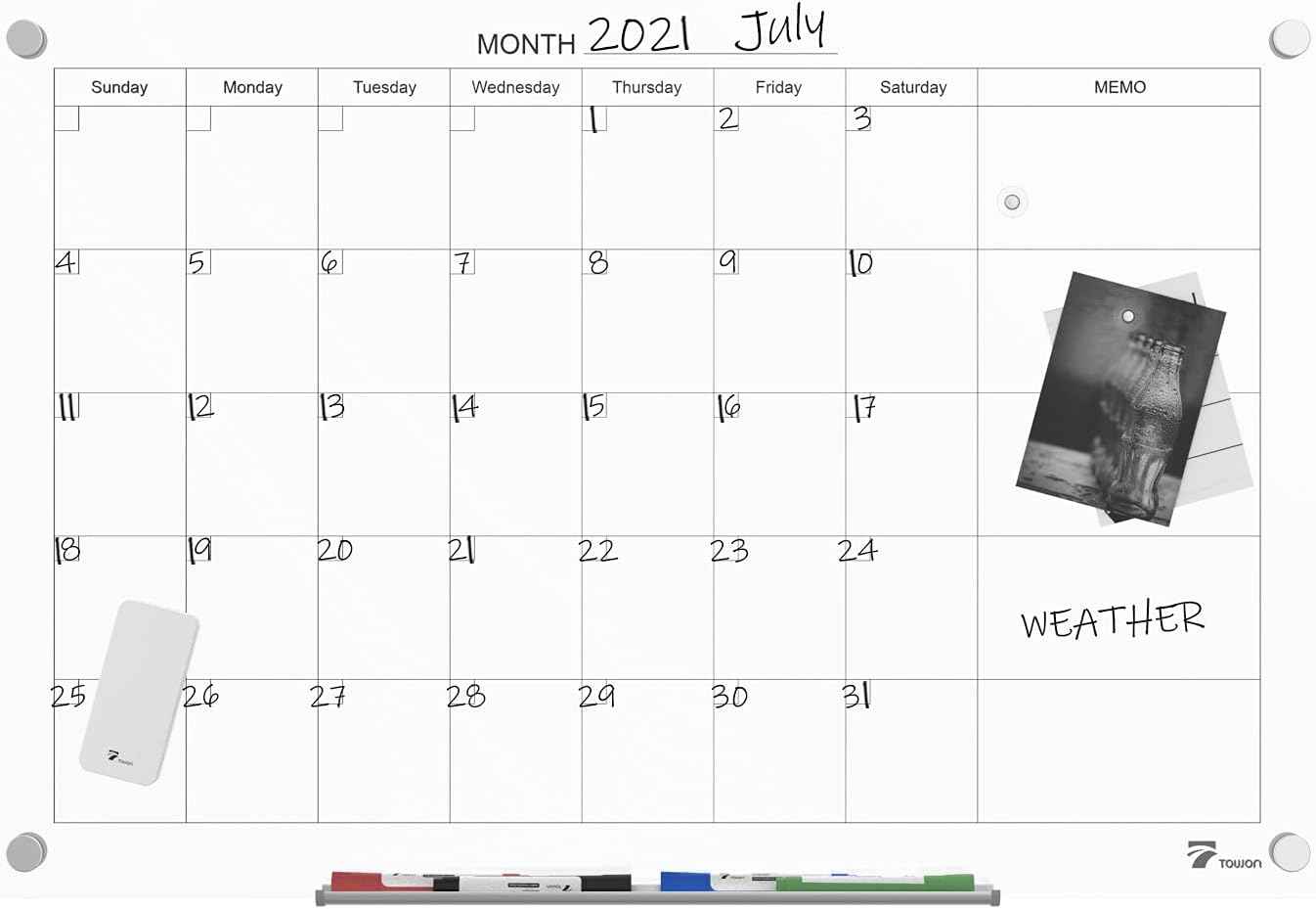 TOWON Tempered Glass Calendar Dry Erase Board for Wall, 3' x 2' Magnetic Whiteboard Calendar Planner for Office, Home, School Supplies, White, 36 x 24 Inches