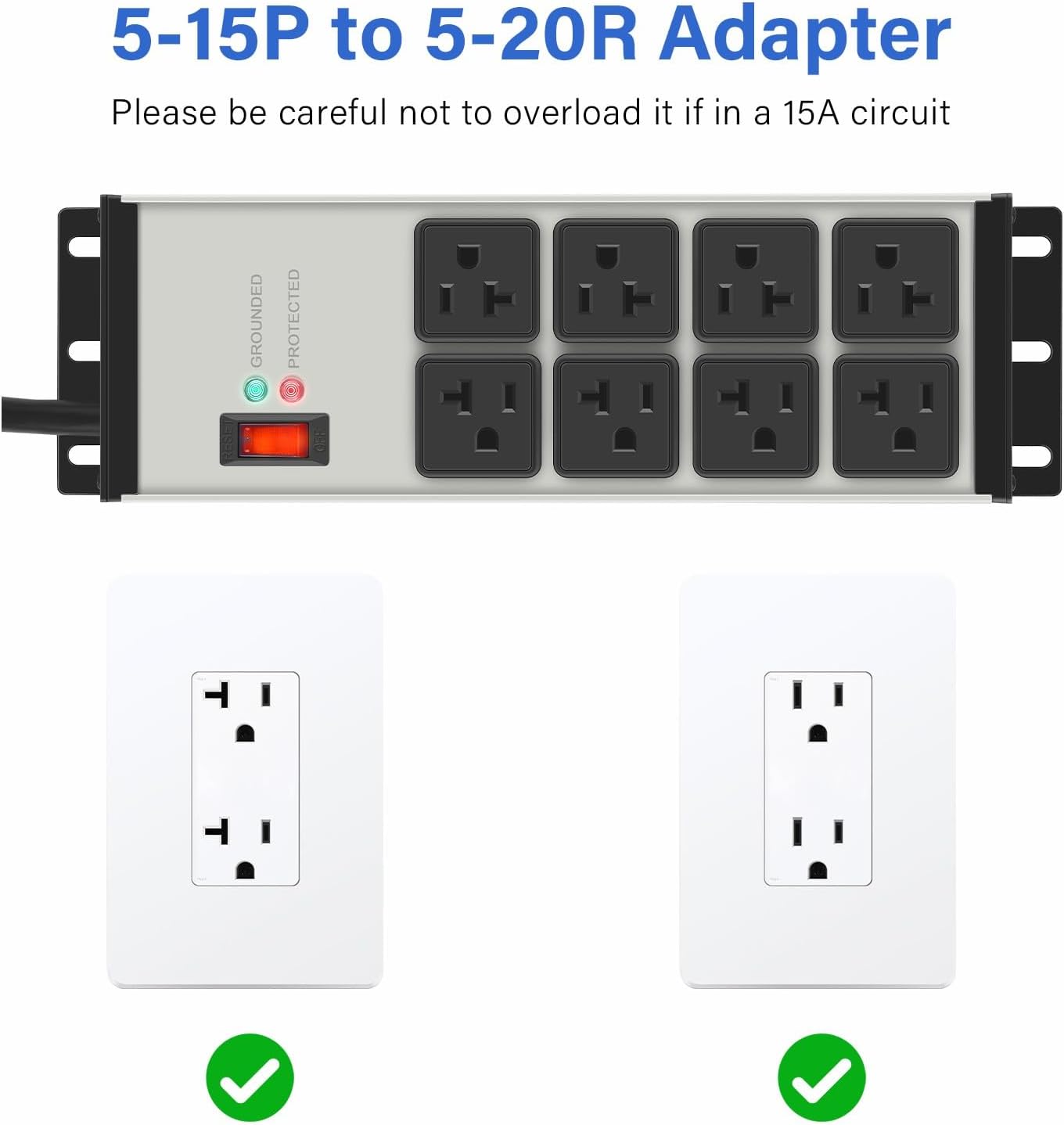 CCCEI Magnetic Heavy Duty Power Strip Surge Protector 20Amp, 12 Gauge High Amp Extension Outlets, Garage Wall Mount 8 Plug Metal Power Strip. 15FT, Grey, 5-15P Adapter 6-20R T-Slot 20a for Appliance