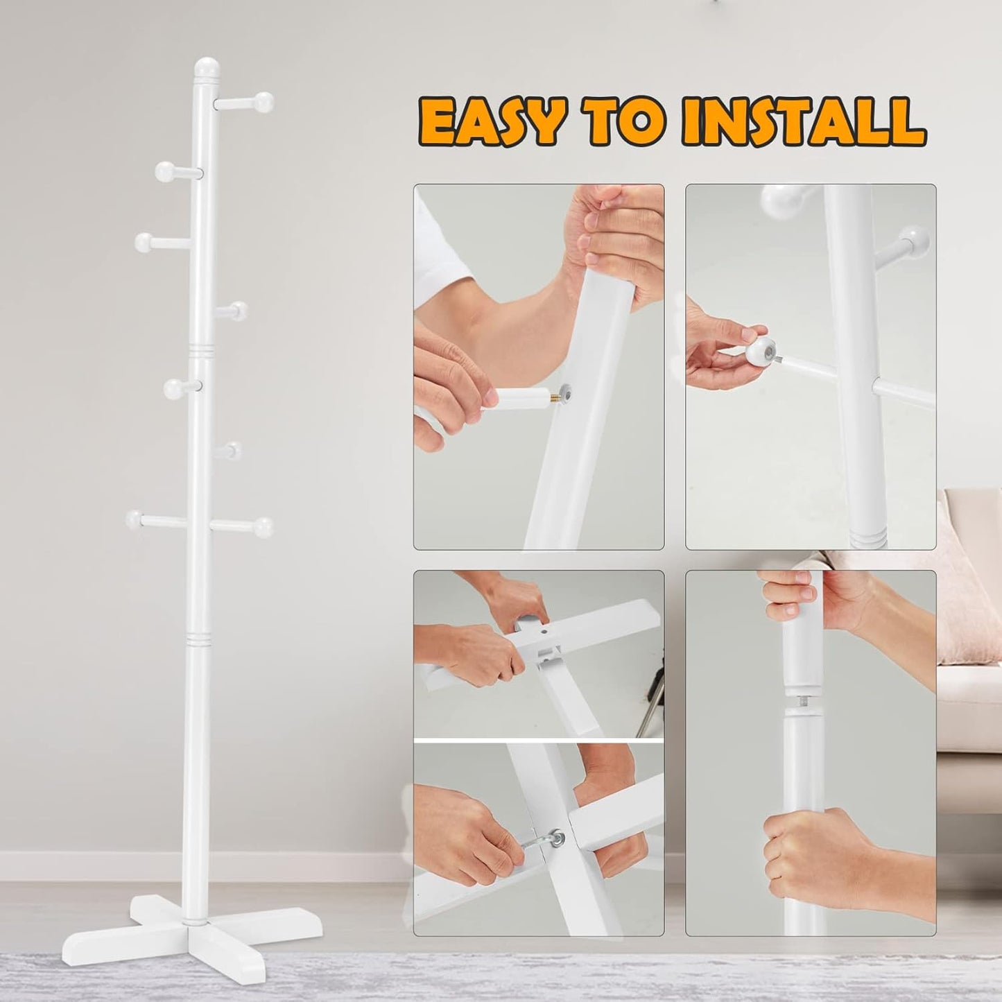 Kids Coat Rack, Freestanding Coat Racks with 8 Hooks 2 Adjustable Height, Tree Coat Rack for Bedroom, Hallway, Entrance, Office, Hats, Handbags,Purse (White) - Lumora Desk
