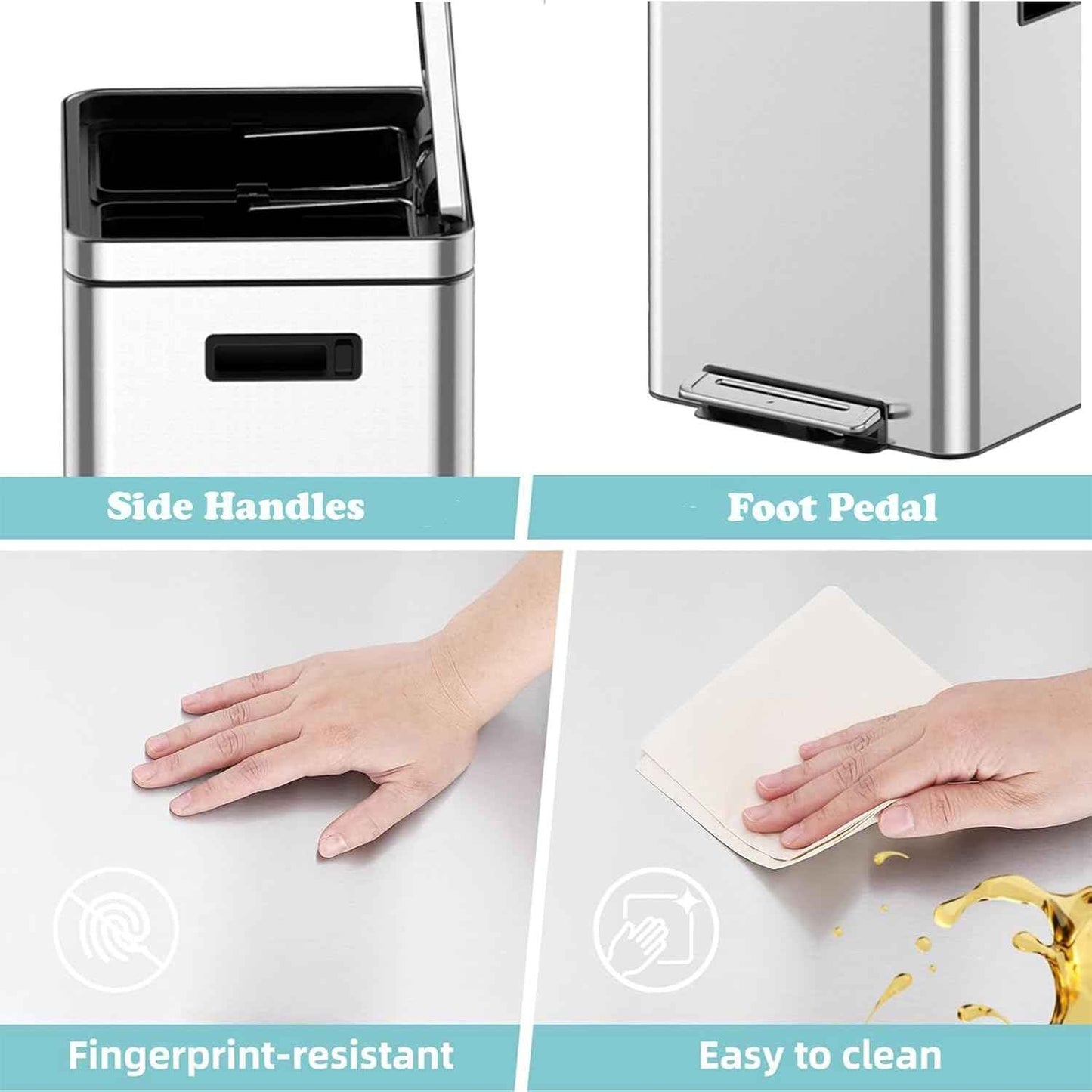 10.6 Gallon (2 x 20 L) Dual Trash Can, Stainless Steel Garbage Can with Soft-Close Lid for Kitchen, Hands-Free Recycle Bin with 2 Compartment Removable Inner Bucket for Home, Office