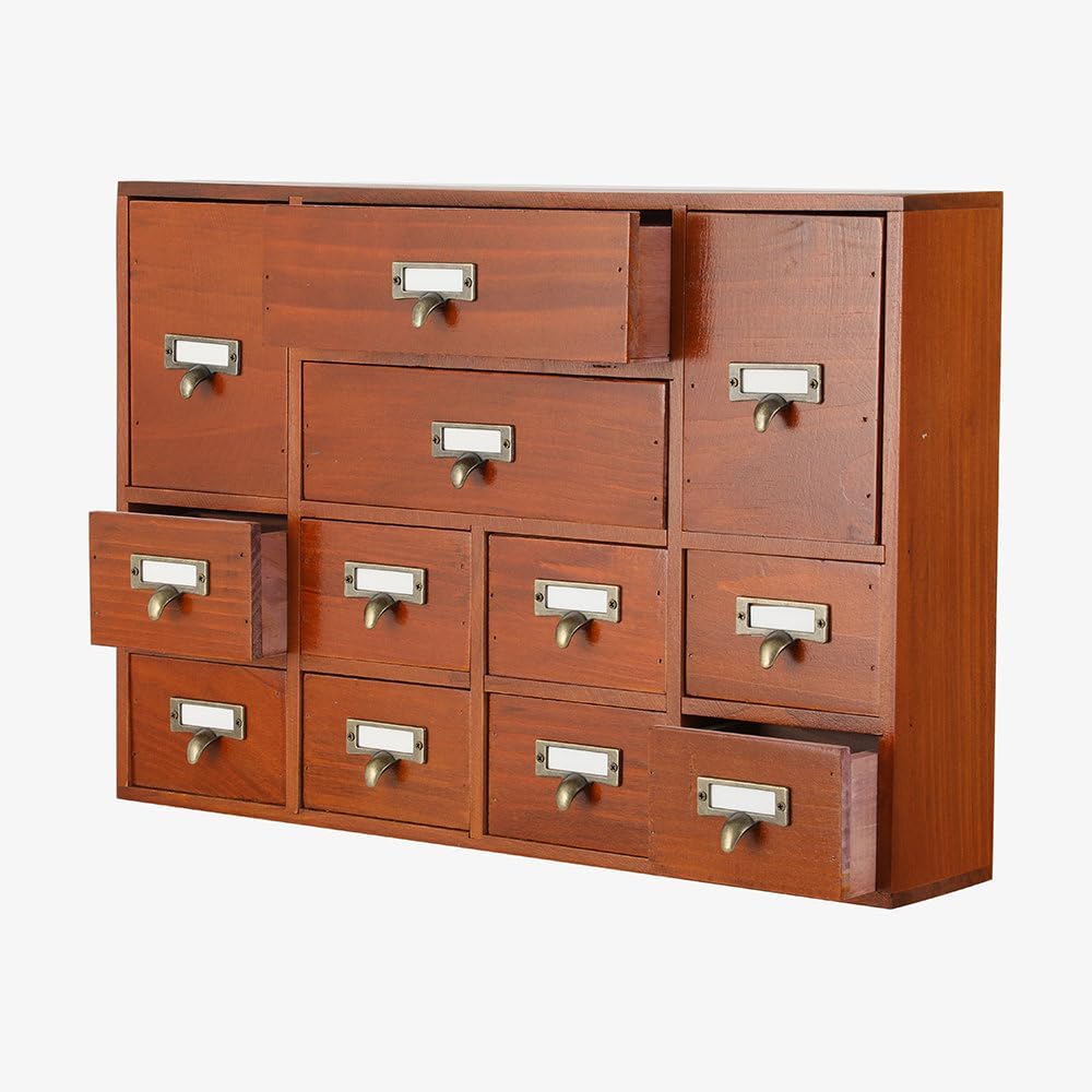 12 Drawers Apothecary Cabinet with Drawers Tabletop Apothecary Drawers Library Card Catalog Cabinet Medicine Cabinets Wood Desk Organizer Wooden Storage Box (Brown)