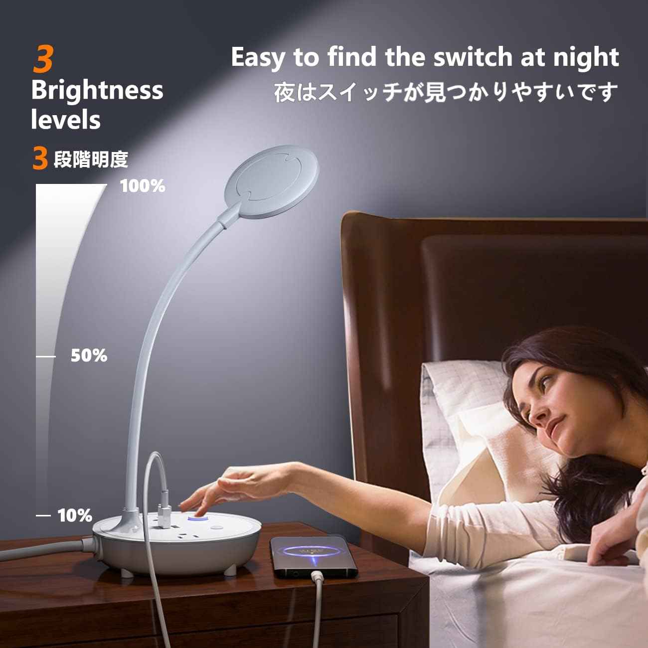 LED Desk Lamp with 2 USB Charging Ports and 2 AC Power Outlets - Adjustable Gooseneck Desk Light with 3 Level Brightness, Eye-Caring Small Table Lamp for Home Office, College Dorm Room Essentials