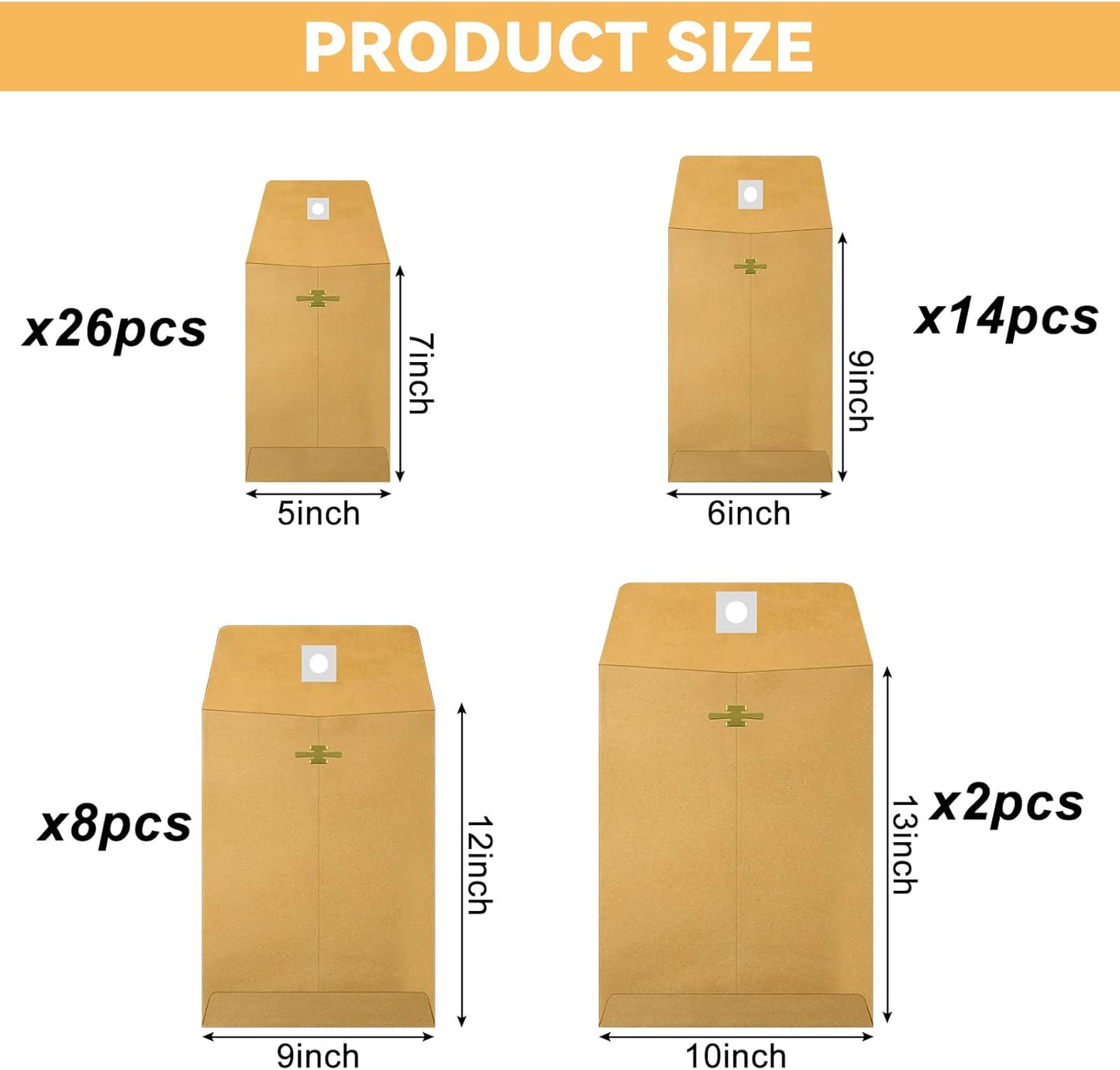 Frienda 4 Sizes Clasp Envelopes Kraft Paper Catalog Clasp Envelope with Closure for Filing, Storing or Mailing Documents, 50 Pieces(5 x 7 In, 6 x 9 In, 9 x 12 In, 10 x 13 In,Brown) - Lumora Desk