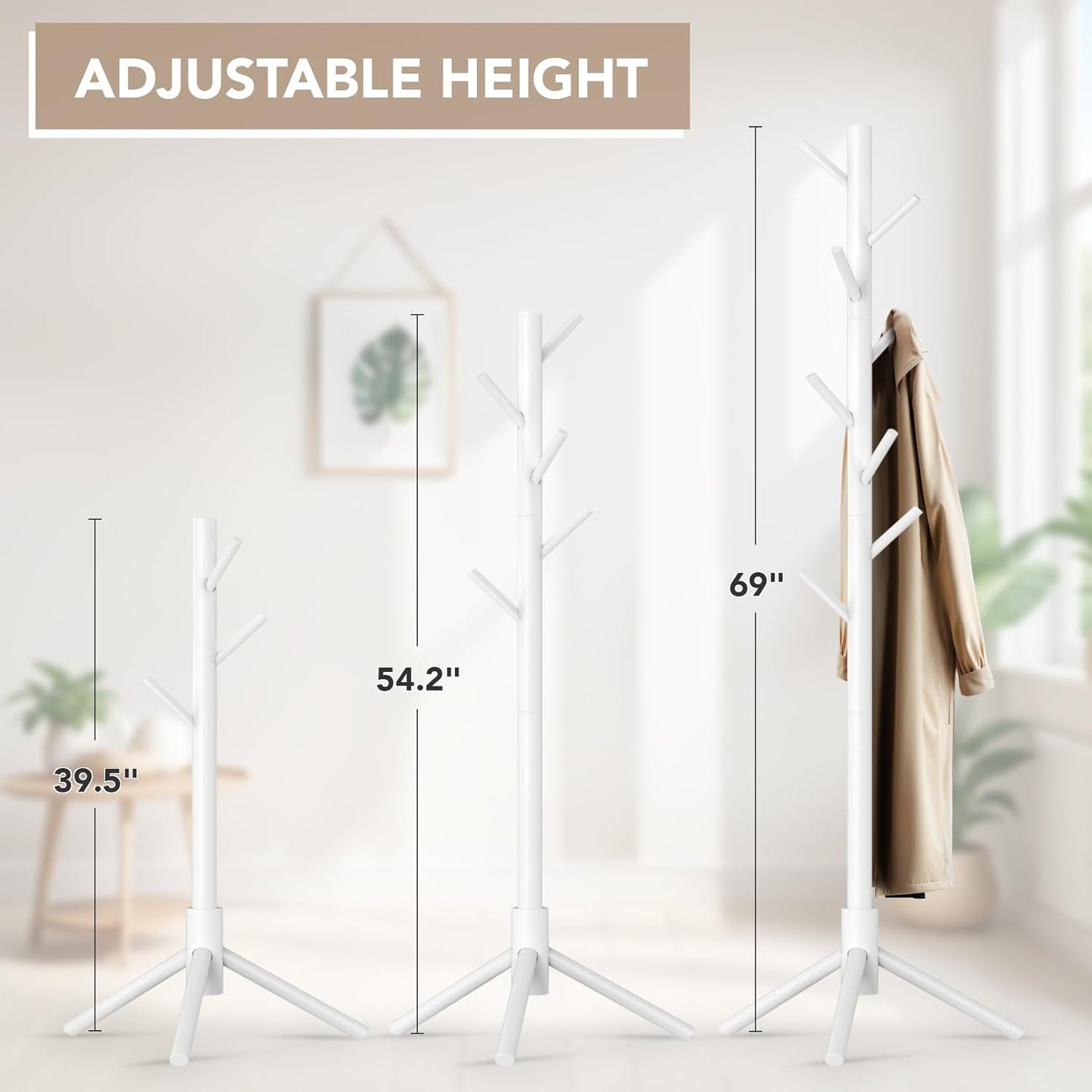 Wooden Tree Coat Rack Stand,Sturdy Freestanding Coat Rack with 8 Hooks,3 Adjustable Height for Child Adult,Wood Coat Stand Tree Fits Entryway Bedroom Office for Bags,Hats - Lumora Desk