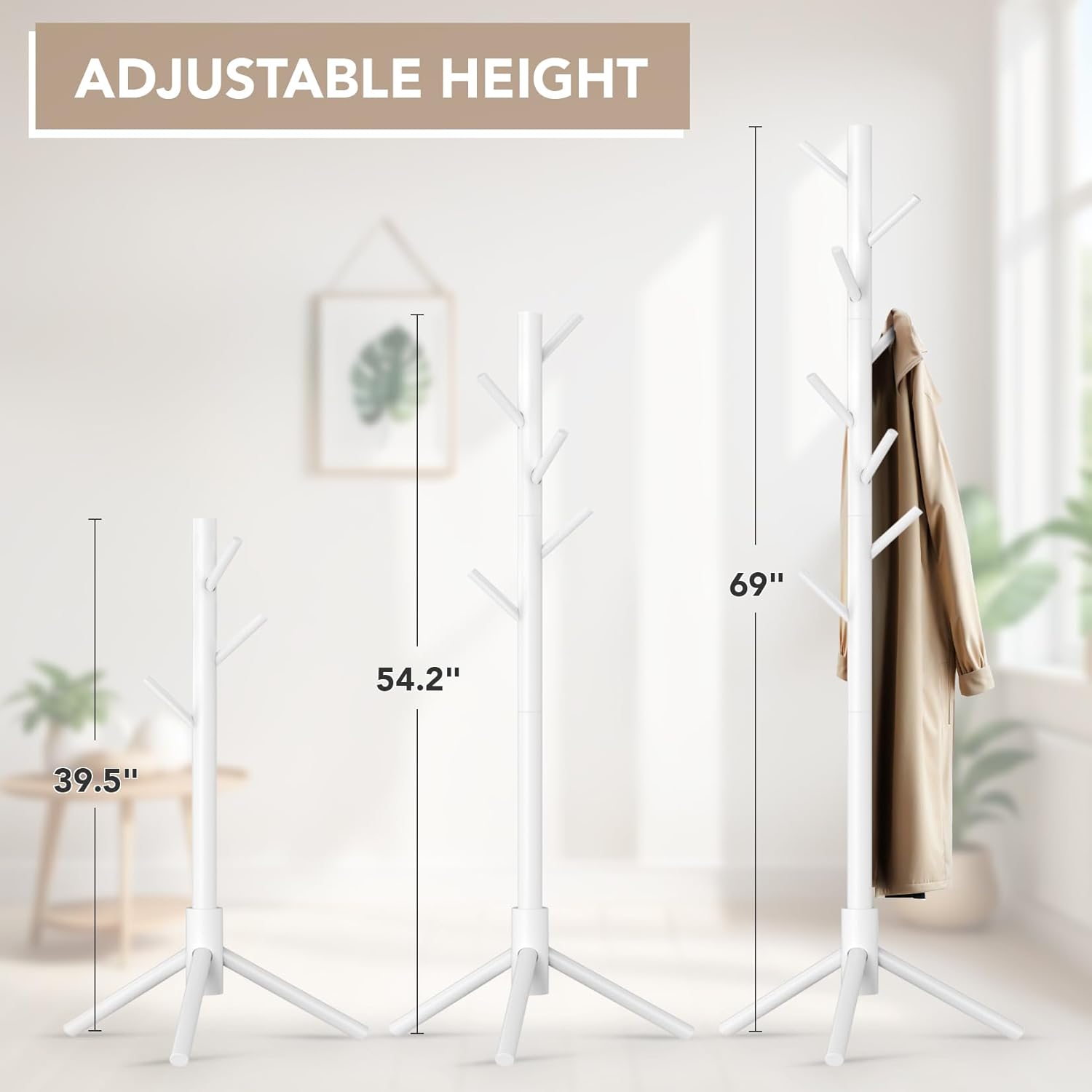 Wooden Tree Coat Rack Stand,Sturdy Freestanding Coat Rack with 8 Hooks,3 Adjustable Height for Child Adult,Wood Coat Stand Tree Fits Entryway Bedroom Office for Bags,Hats - Lumora Desk