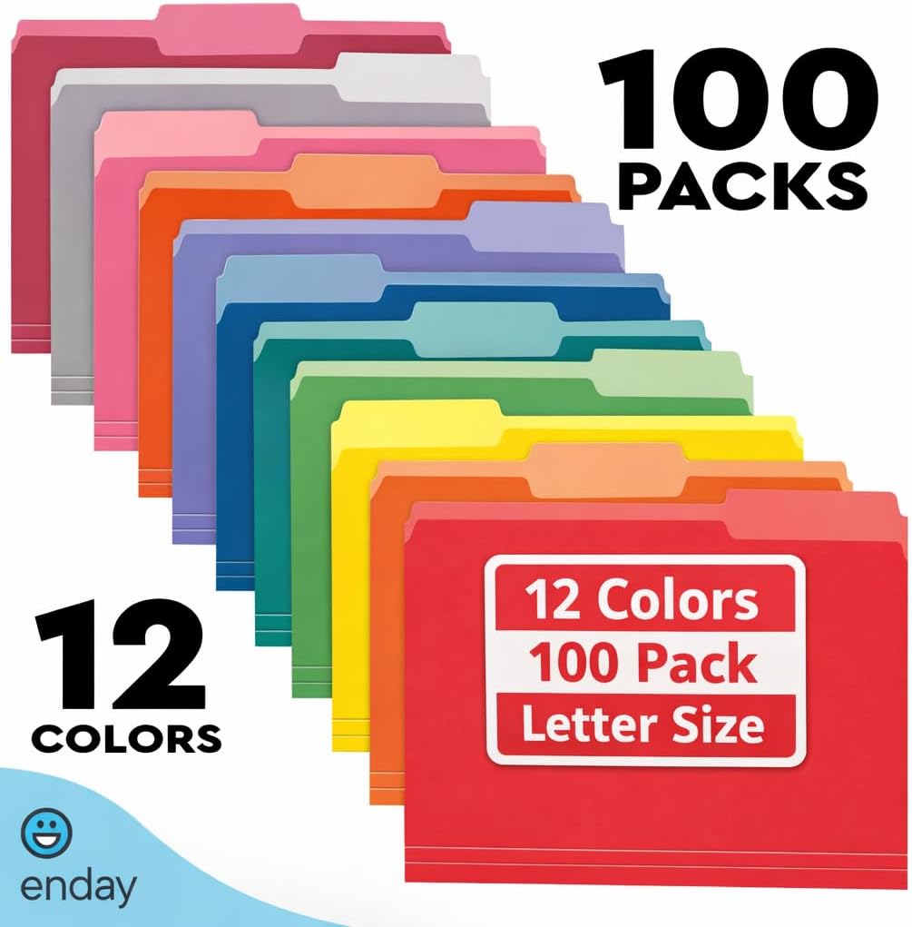 Enday Colored File Folders Letter Size (100 Pack) 12 Assorted Colors, 1/3 Cut Tabs Color File Folders, Two Tone Colored Folders for School Home Office Documents Organization