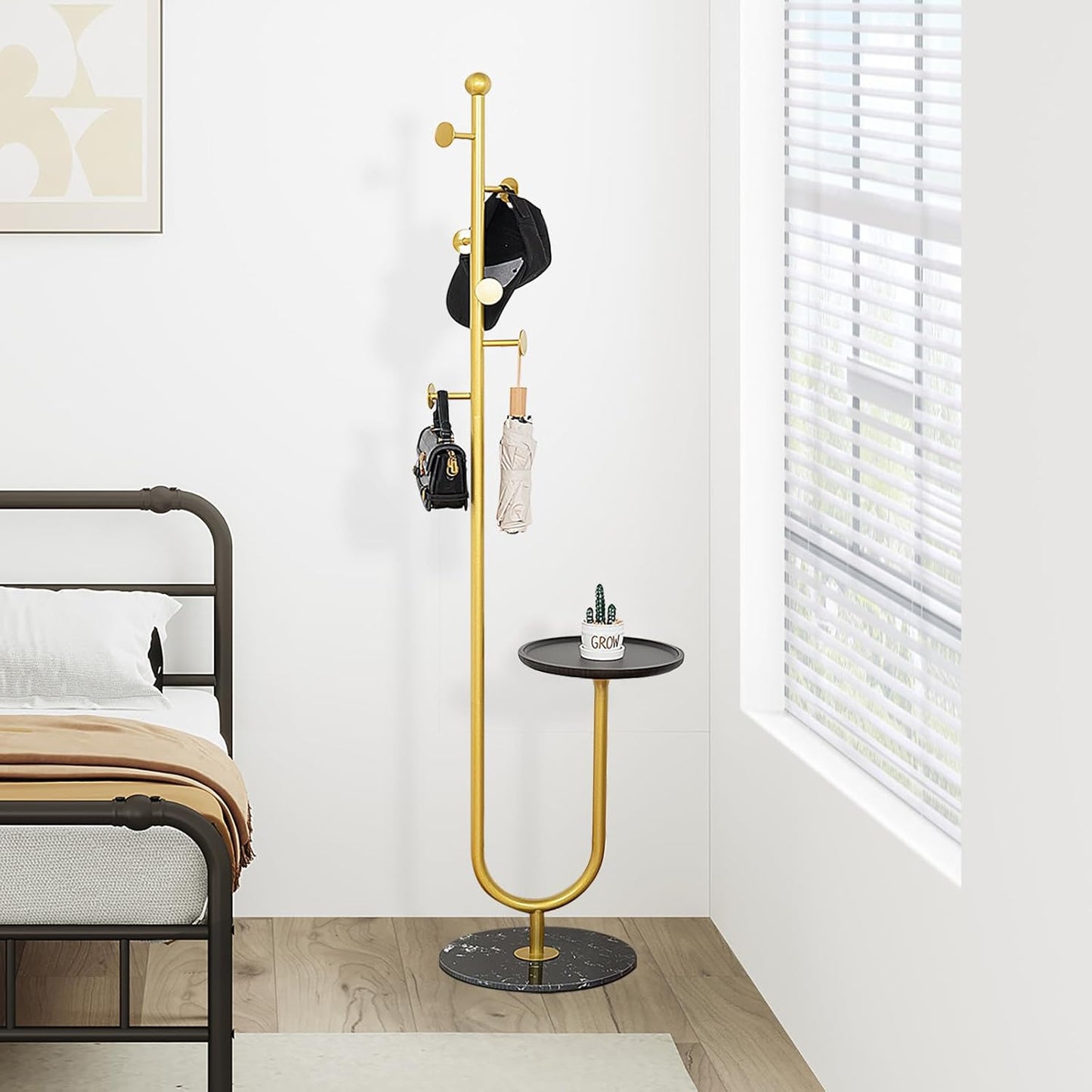 Coat Rack Stand, Metal Coat Tree with Bamboo Tray & 6 Hooks, Heavy Duty Marble Base Corner Coat Stand for Bedroom Hallway Entryway Living Room Office 13.78 x 13.78 x 68.11 Inches (Gold) - Lumora Desk
