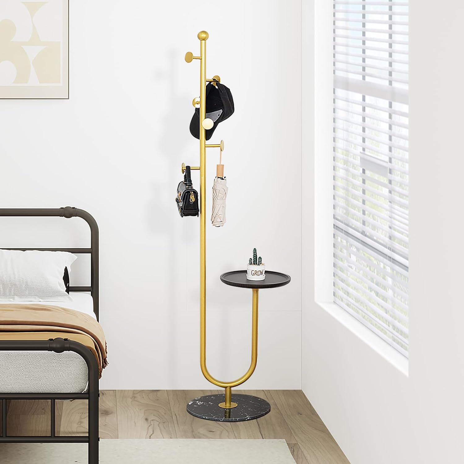 Coat Rack Stand, Metal Coat Tree with Bamboo Tray & 6 Hooks, Heavy Duty Marble Base Corner Coat Stand for Bedroom Hallway Entryway Living Room Office 13.78 x 13.78 x 68.11 Inches (Gold) - Lumora Desk