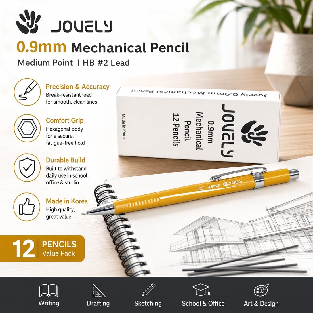 Jedo Drafting Mechanical Pencil 0.9mm Medium Point HB #2 Lead with Eraser Tip Yellow Barrel for Writing Drafting Drawing Sketching. Pack of 12 Pencils