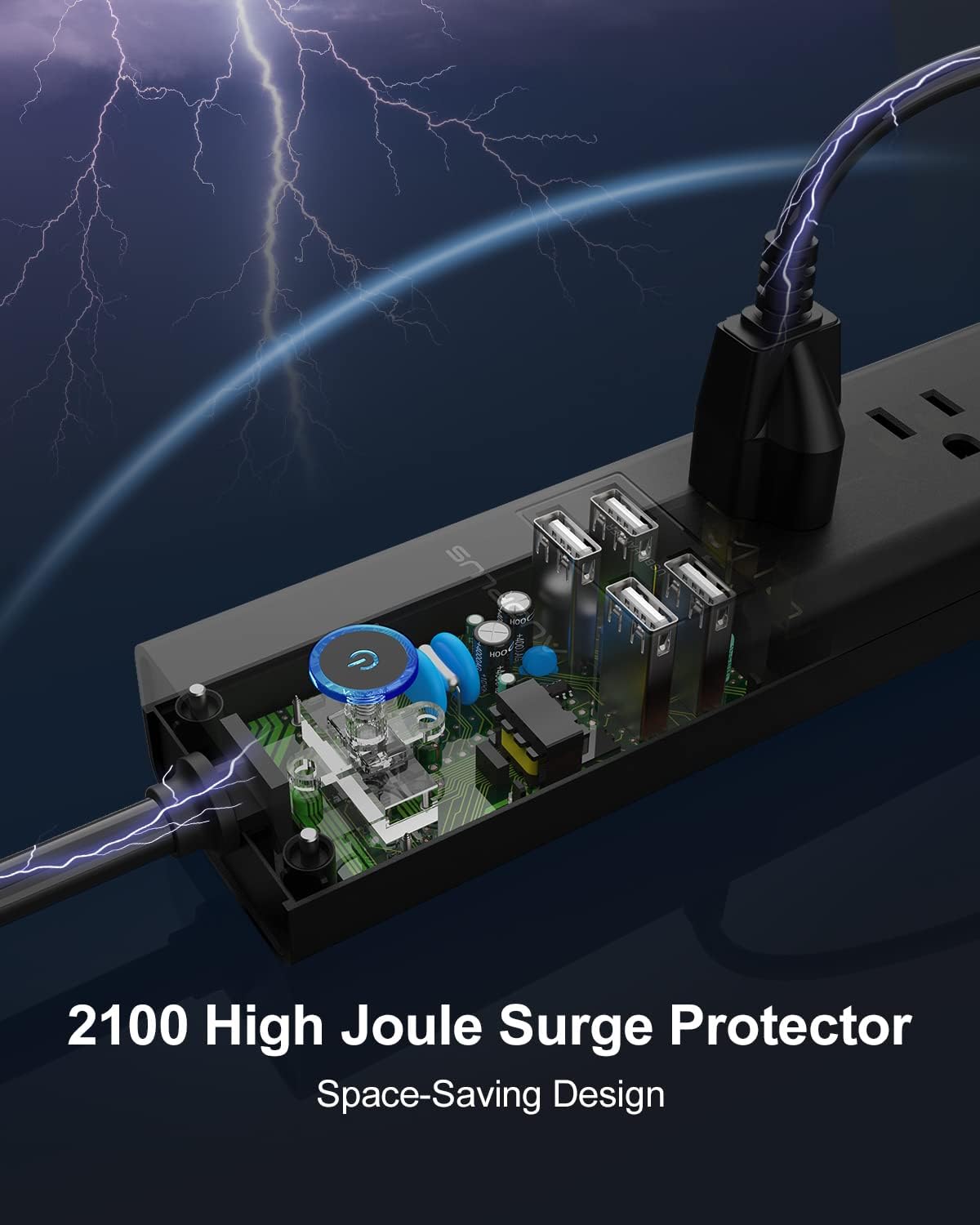 15 Ft Power Strip Surge Protector, 6 Outlets and 4 USB Ports, Flat Plug Power Strips Long Extension Cord with Overload Protection, Wall Mount for Home, Office, Dorm, ETL Listed Black