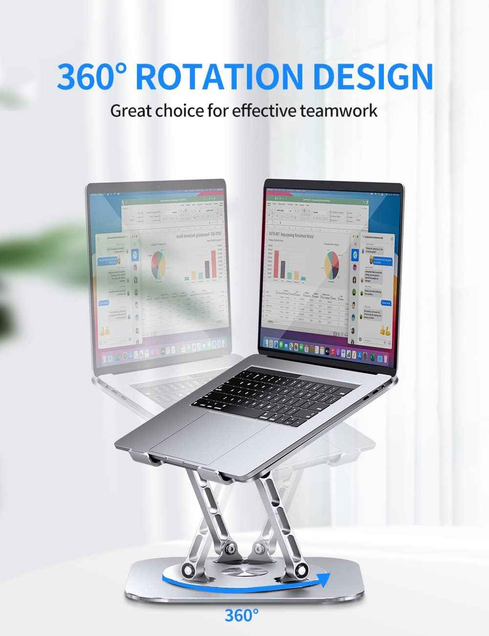 AOEVI Adjustable Computer Stand with 360 Rotating Base, Ergonimic Foldable Laptop Riser for Desk Compatible with MacBook Pro/Air Notebook up to 16 Inches, Silver