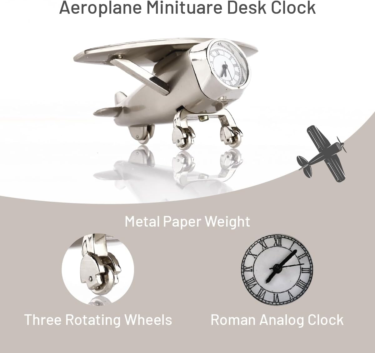 Aeroplane Miniature Table Clock with Rotating Wheels, Stylish Analog Desk Clock & Paper Weight, Manual Adjustment, Easy Battery Replacement, Students, Vintage Decor for Home & Office