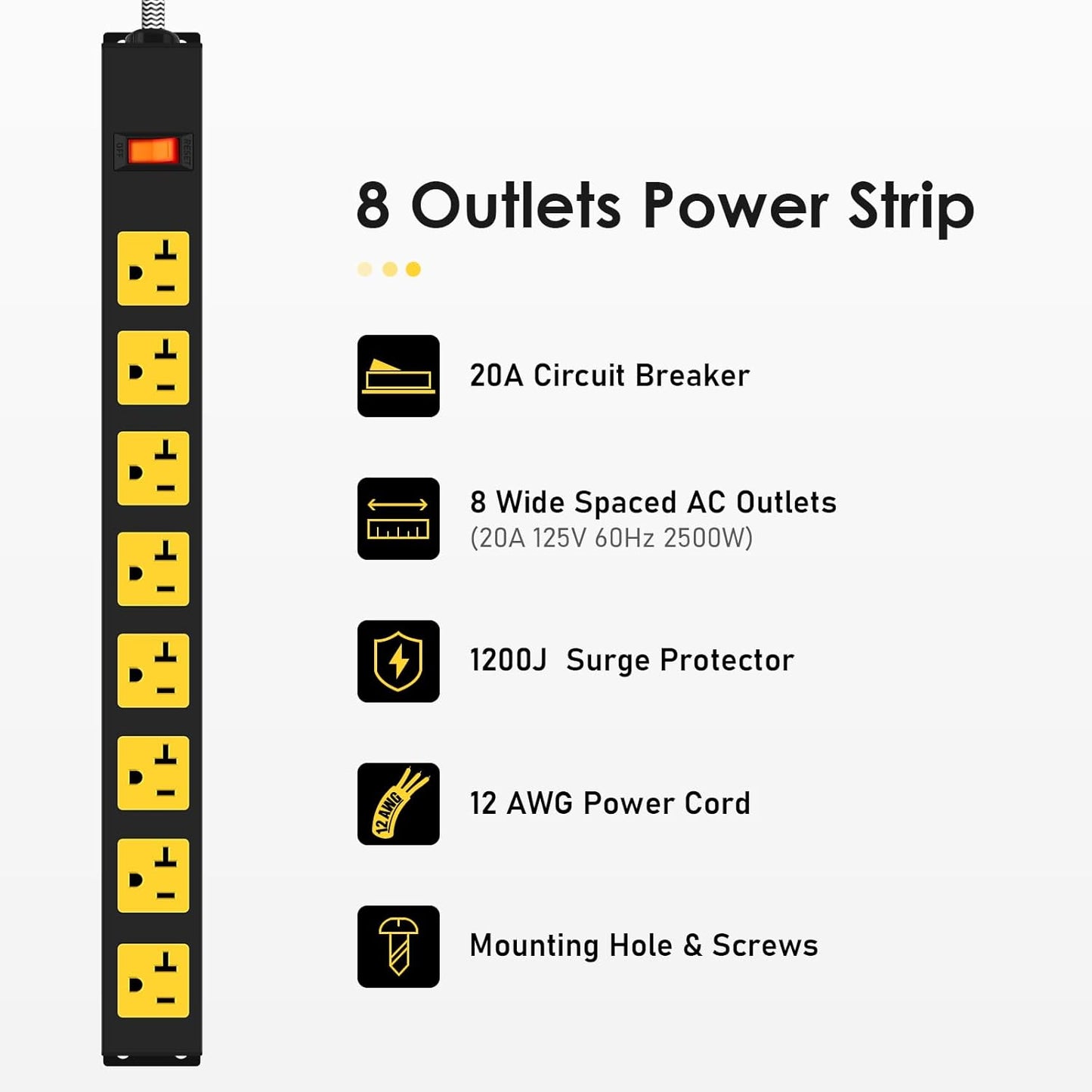 20Amp Power Strip Surge Protector, Durable Metal 8-Outlets with Heavy Duty 20 amp 15Ft 12 Gauge Extension Cord for Garage Workshop & Industrial Use, 1200J