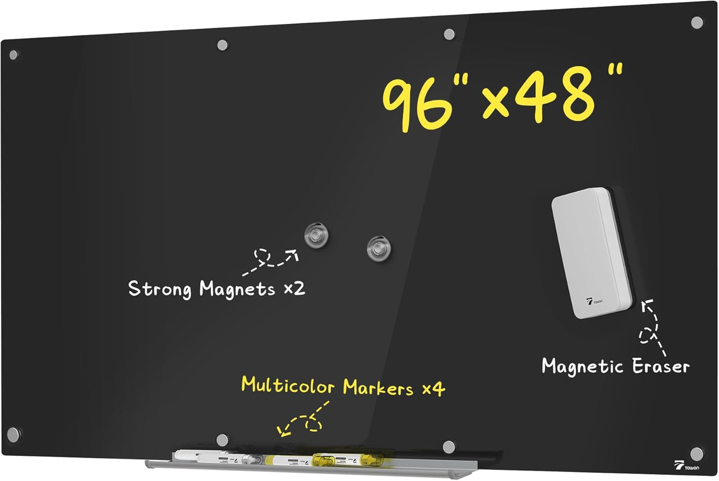 TOWON 8 x 4ft Glass Whiteboard Wall, Black Magnetic White Board Dry Erase 96 x 48 in, Big Glass Dry Erase Board with Multi-Color Markers, Strong Magnets, Pen Tray and Eraser, Frameless - Lumora Desk