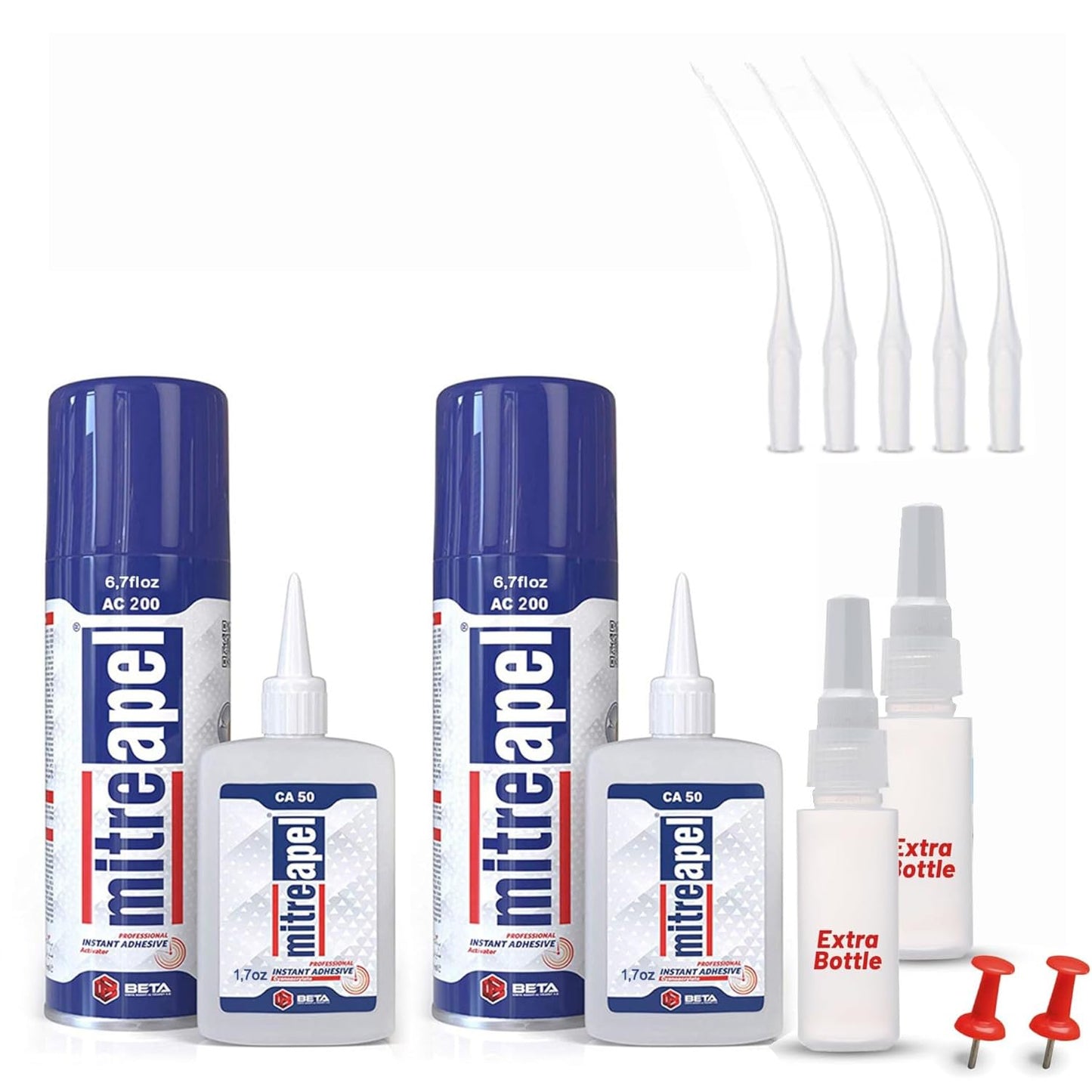 MITREAPEL Ca Glue with Activator (2 x 1.7oz - 2 x 6.7 floz), Cyanoacrylate Super Glue for Plastic, Glass, Leather, Ceramic, Woodworking, DIY, 3D Printing with Microtips - 2 Pack