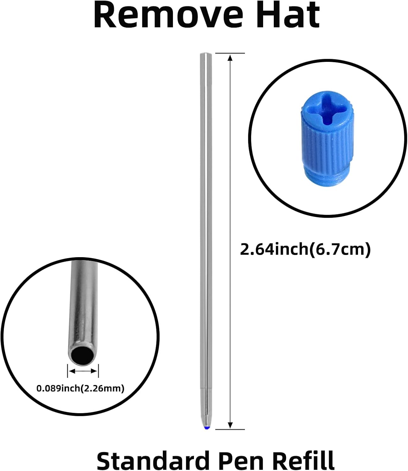 Refill 2.75" (20pcs) Replaceable Ballpoint Pen Refill, Blue Ink 1mm midpoint Metal Refill (Blue Refill)