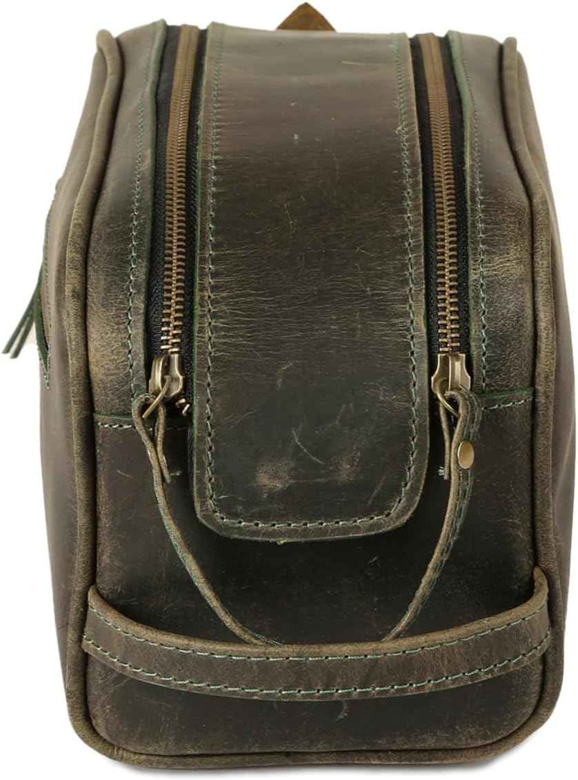 KomalC Leather Toiletry Bag for Men & Women – Handcrafted Travel Grooming Kit with Water-Resistant Lining and Secure Zipper Closure