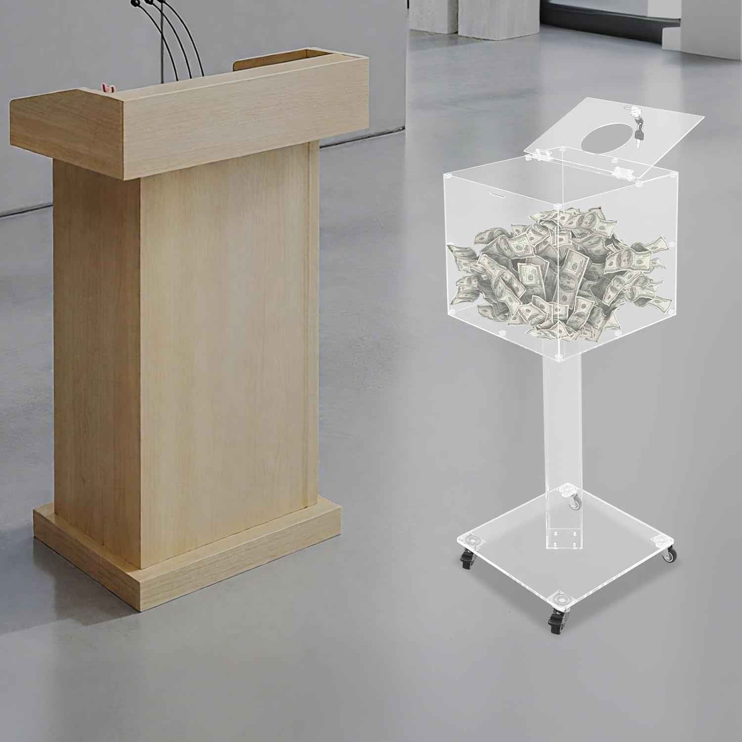 Acrylic Suggestion Box with Lock and Key for Office, Home, Event Donation with Stand for Charity Church Collection Offering/Raffle Ballot Box with Sign Holder Display Stand