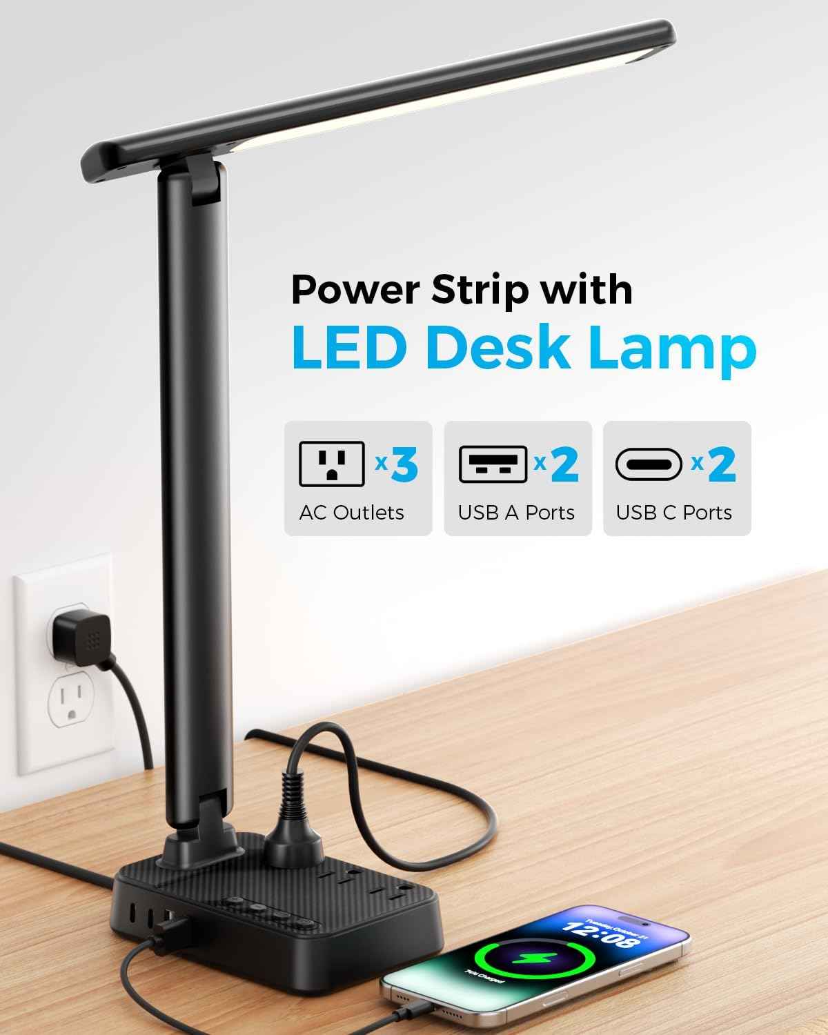 LED Desk Lamp with Power Strip, 3 AC Outlets & 4 USB Ports (2 USB-C), Stepless Dimming & 2800K-6500K Eye-Caring Desk Light, Foldable Table Lamp with 5FT Cord for Home Office, Dorm Room Essentials