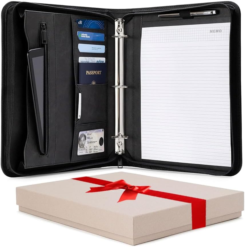 Portfolio Organizer - 3 Ring Binder with Notepad - 1.5 Inch Rings - Zippered Storage Pockets for Papers, Travel Documents, Presentation Folder, Cards, Passport, Tickets - Black