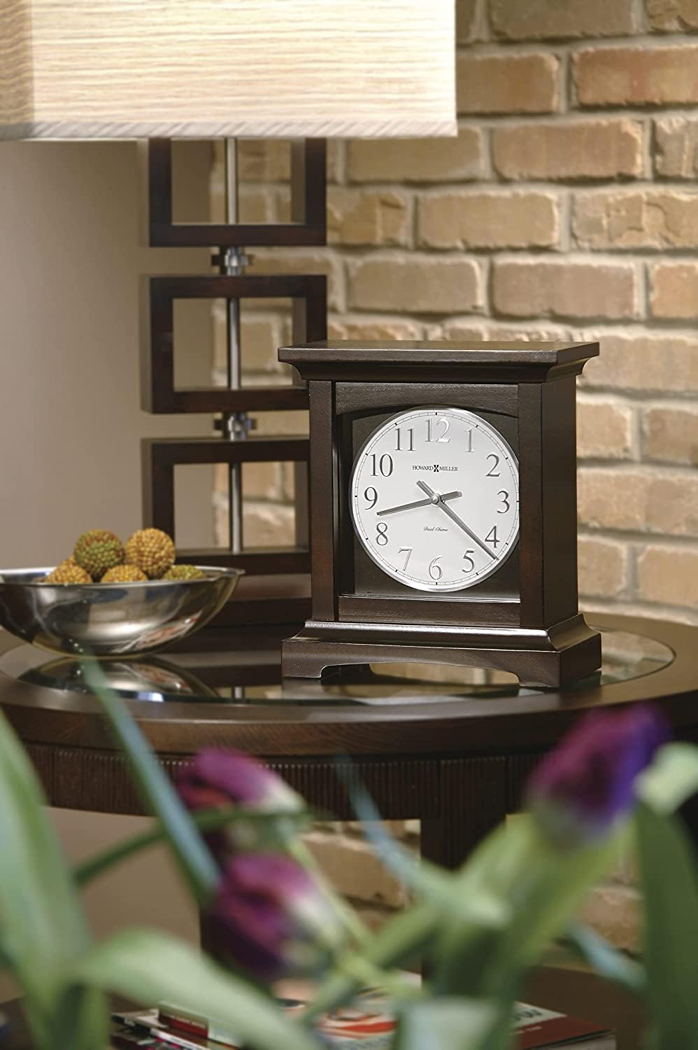 Howard Miller Urban II Mantel Clock, White Analog Clock Arabic Numerals Dual-Chime Movement, Top Flat Pediment Black Finish Durable Square Frame, Idle Alarm Clock for Home Decor, Bedroom & Office