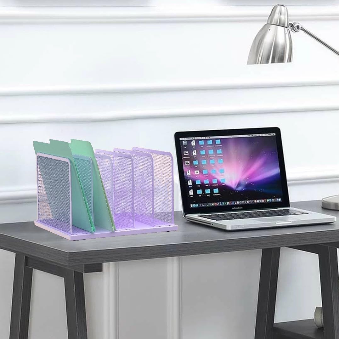 Kuntine.B Desk File Organizer Upright Mesh Desktop Organizer File Sorter Office Organization File Holder for Home, Office & Classroom (Purple, 1 Pack 5-Section)