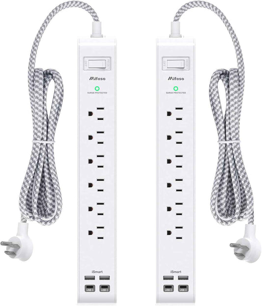 2 Pack Power Strip Surge Protector, 6 Outlets 4 USB Ports (2 USB C) 5Ft Long Extension Cords, Flat Plug Overload Protection Outlet Strip, Wall Mount for Home, Office and Dorm Essential, ETL Listed