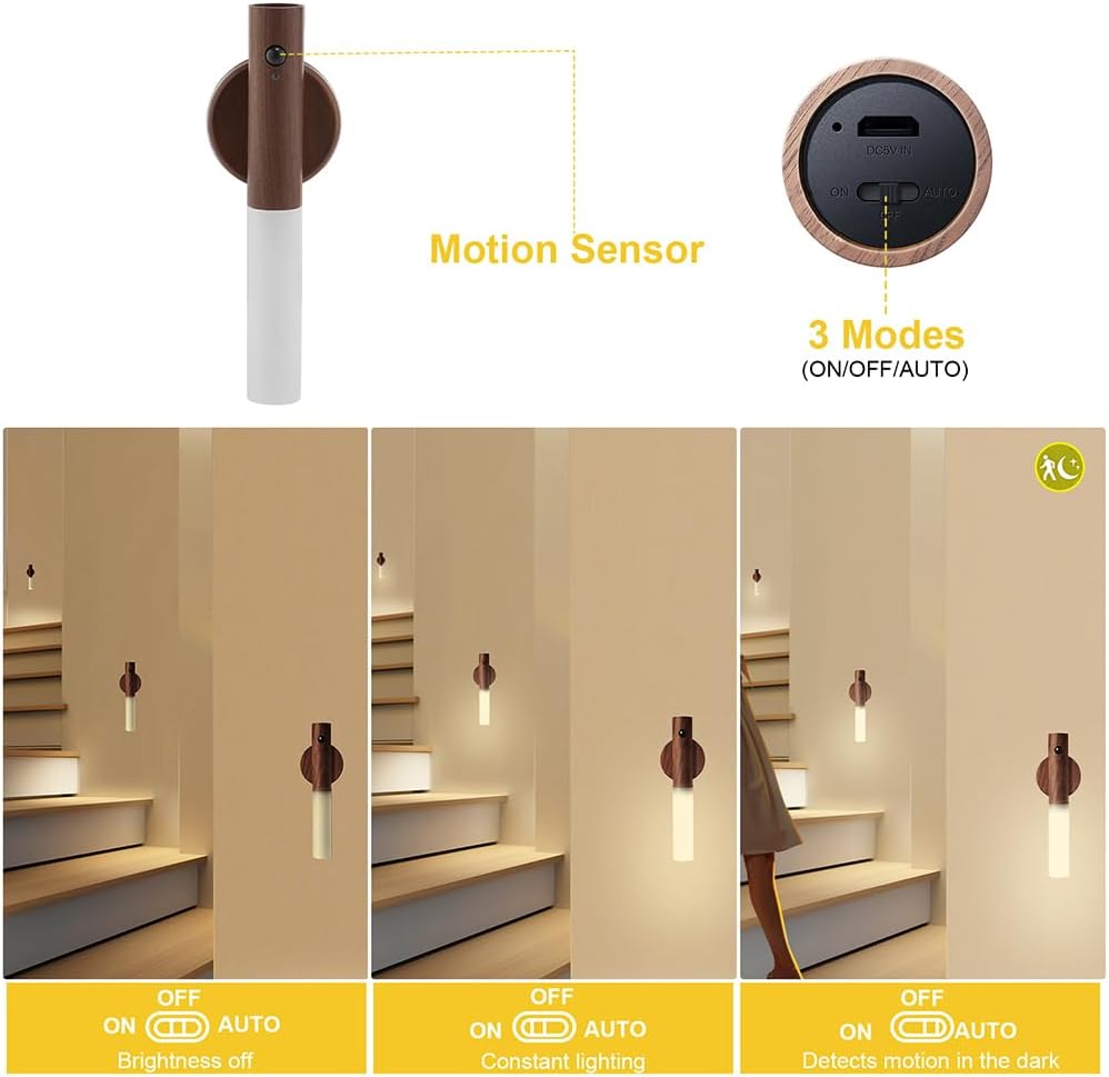 LANDGOO Wooden Motion Sensor Night Lights Magnet Body Sensor Hallway Night Lights Rechargeable Led Light Portable Stairway Wall Sconce Battery Powered Cabinet Lights (Walnut Wood 1PC)