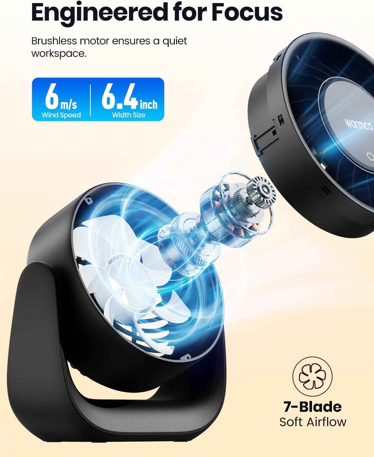 Warmco USB Desk Fan with Touch Control, (USB Powered Only, No Battery) Small Personal Desktop Fan, USB-A & USB-C Plug, 3 Speeds Strong Airflow, Quiet Table Fans for Home Office Dorm