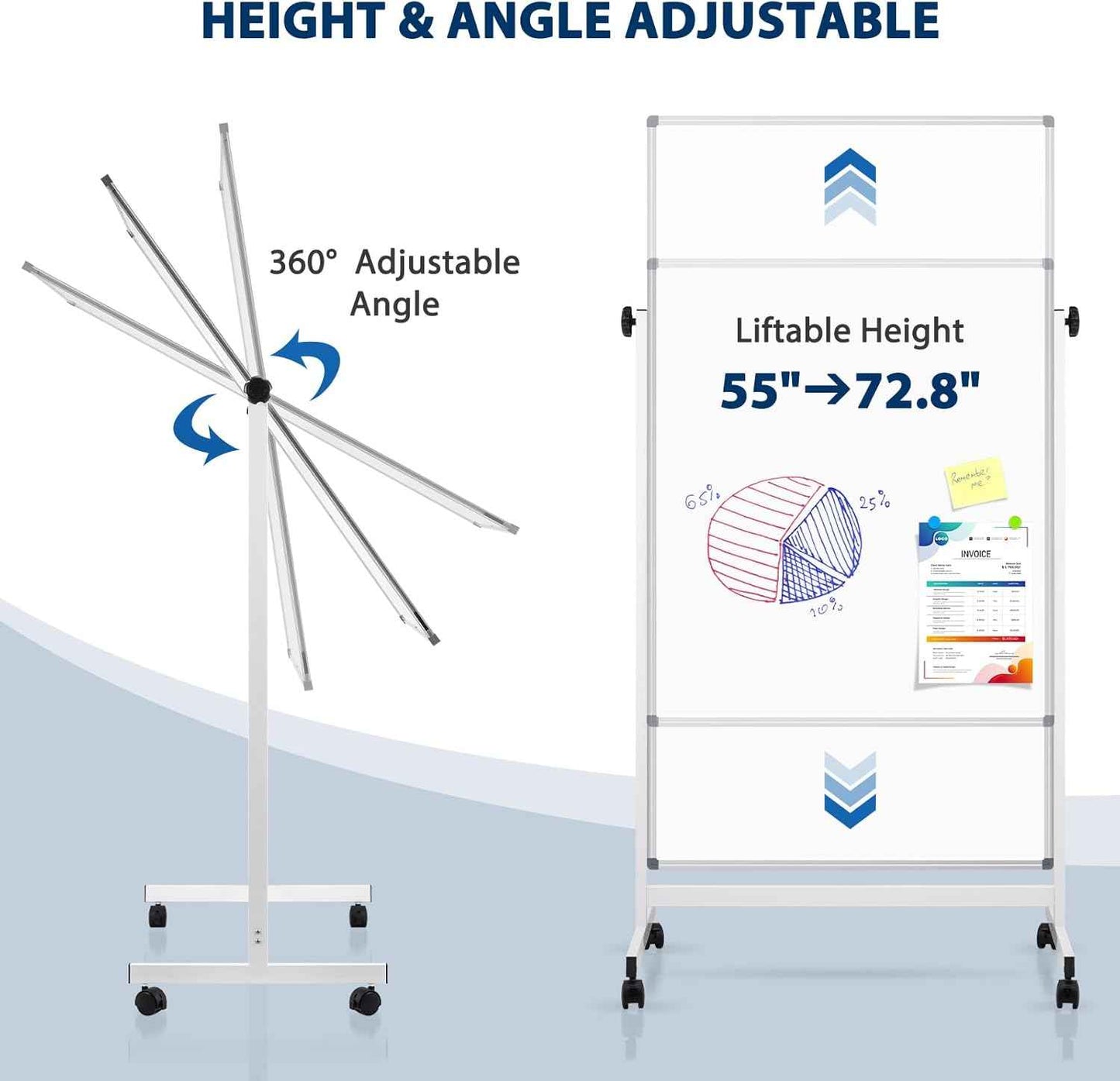 Rolling Whiteboard, 40" x 24" Magnetic Mobile White Board on Wheels, Double Sided, Height Adjustable Aluminum Frame Dry Erase Board with Stand for Office, Home, Classroom
