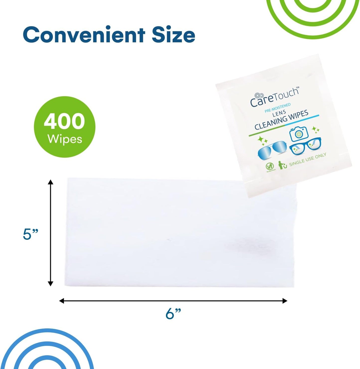Care Touch Lens Wipes for Eyeglasses- 400 Count Individually Wrapped Pre- Moistened Wipes, 5 x 6 Inch- Camera Lens, Sunglasses and Glasses Cleaner,- Gentle and Portable for Cleaning of Optical Devices