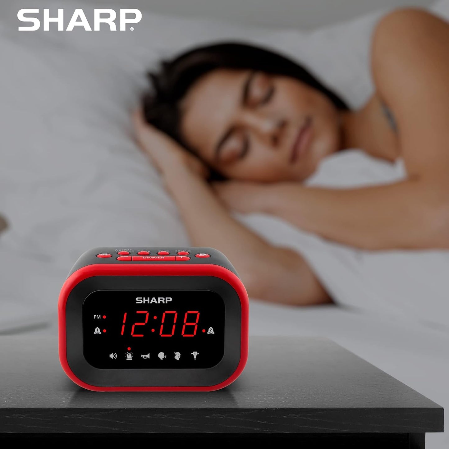 Sharp Big Bang Super Loud Alarm Clock for Heavy Sleepers, 6 Extremely Loud Wake Up Sounds: Rooster, Bugle, Nagging Mom, Jackhammer, Siren, Beep – Up to 115db Volume, Red/Black with Red LED Display