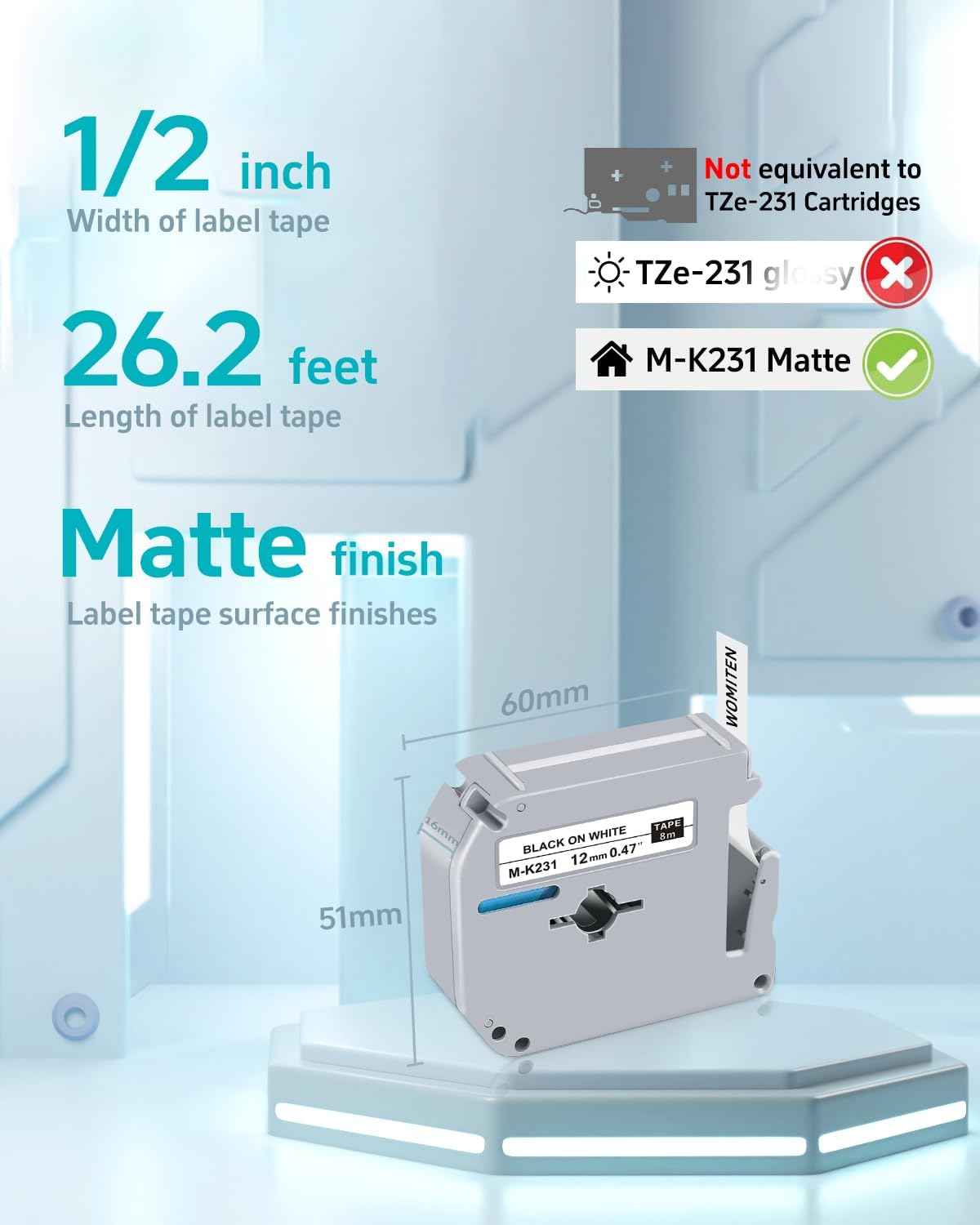 M-K231 PTouch M Tape 12mm 0.47 White Replace for Brother Label Maker Refills, M-K231s MK231 M231 Label Tape for P Touch PT-M95 PT-90 PT-80 PT-70 PT-65 PT-55 PT-45, 5PK