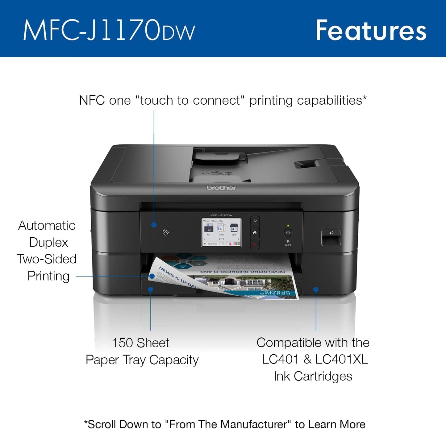 Brother MFC-J1170DW Wireless Color Inkjet All-in-One Printer, NFC One-Touch Print, Duplex, Cloud Print & Scan, Mobile App Control, 2.7" Touchscreen, Works with Alexa - Lumora Desk