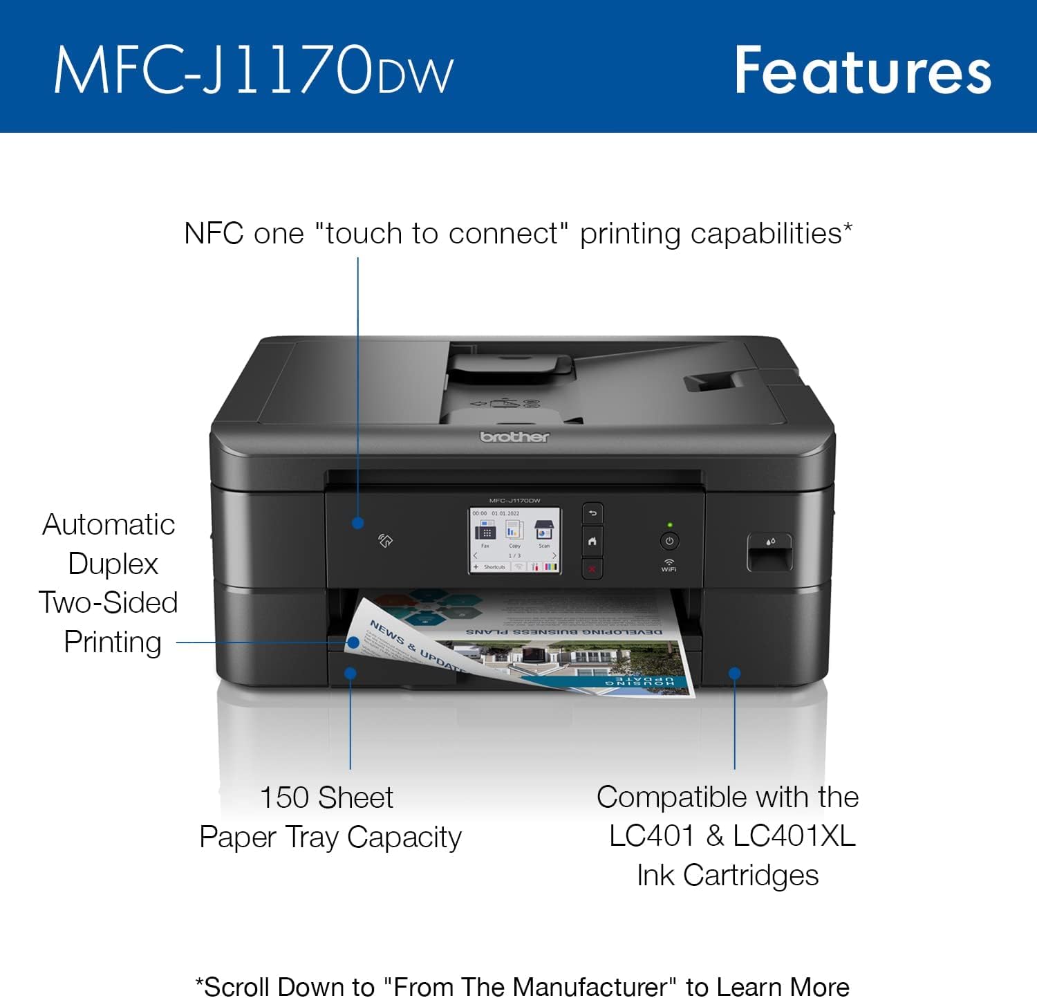 Brother MFC-J1170DW Wireless Color Inkjet All-in-One Printer, NFC One-Touch Print, Duplex, Cloud Print & Scan, Mobile App Control, 2.7" Touchscreen, Works with Alexa - Lumora Desk