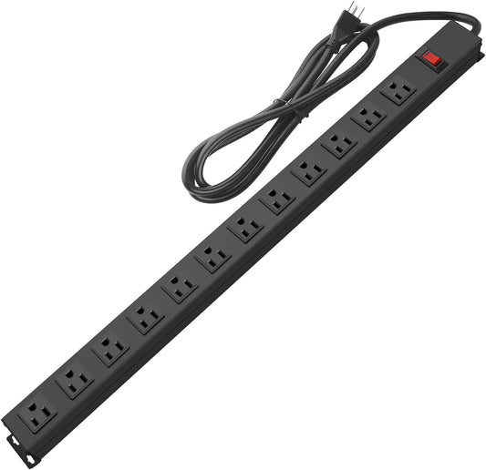 Metal Wall Mount Power Strip, Mountable Power Outlet with 12 AC Outlets, Aluminum Alloy Mount Power Socket with Switch, 6 FT SJT 3/C 14AWG Power Cord, 15A 125V 1875W (12AC) Black