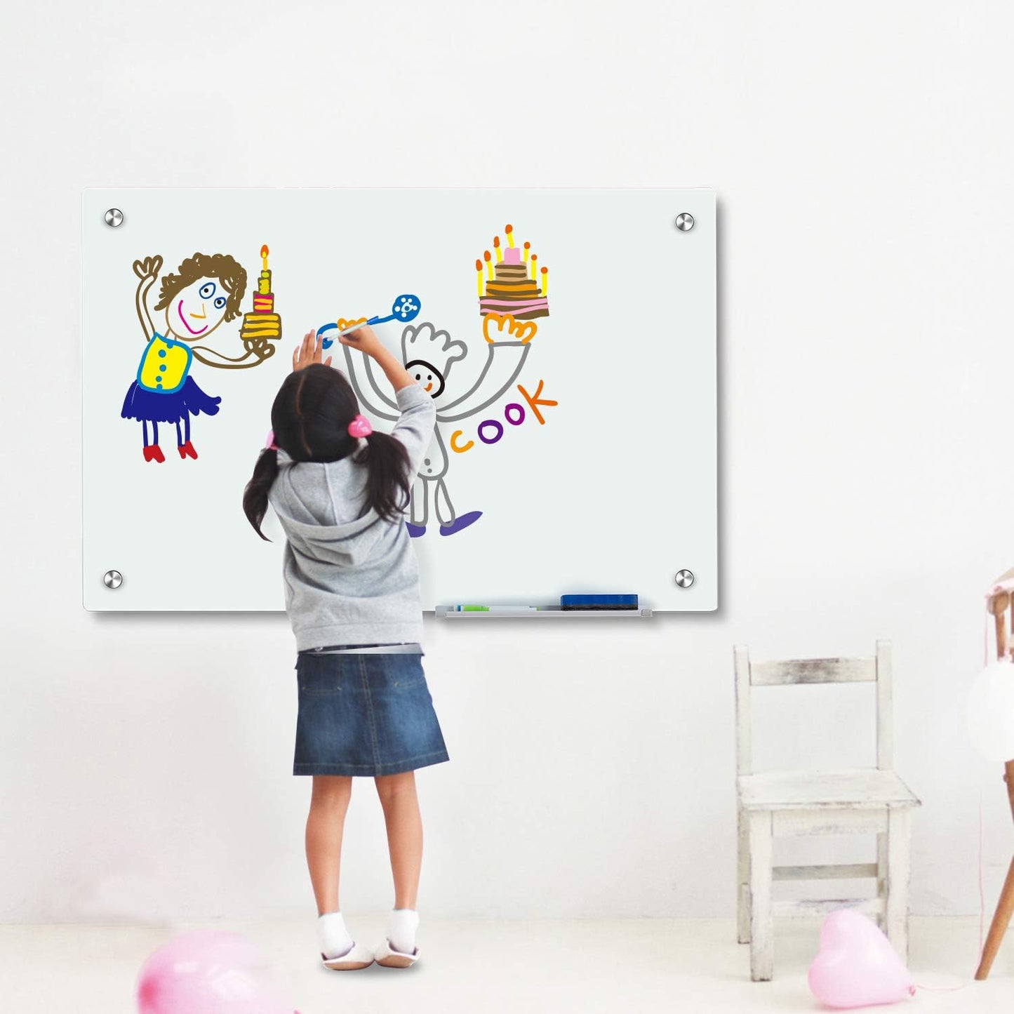 Magnetic Glass Whiteoard with Eraser 48" x 36" Frameless Tempered Glass Dry Erase Whiteboard with Marker Tray for Interactive Office, Wall Mounted Whiteboard (White) - Lumora Desk