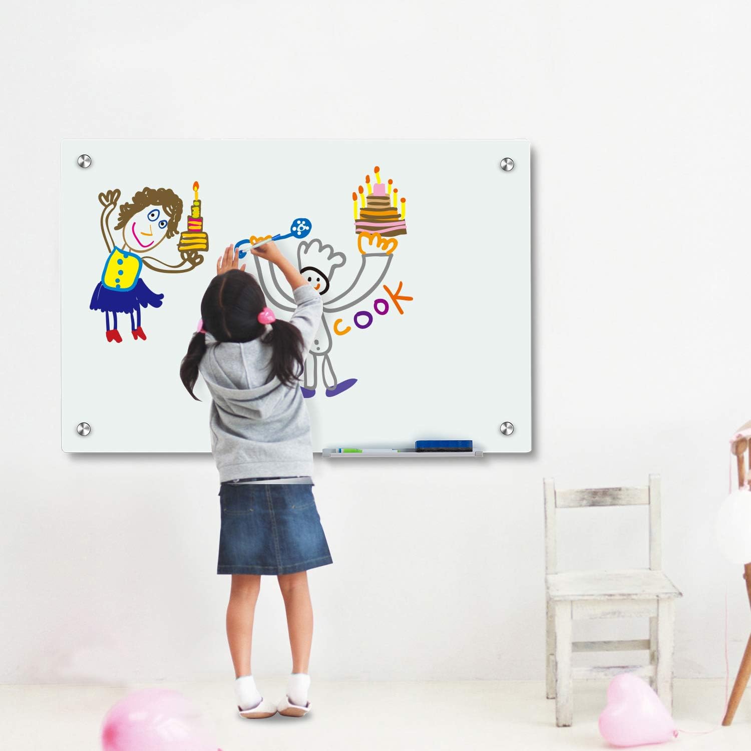 Magnetic Glass Whiteoard with Eraser 48" x 36" Frameless Tempered Glass Dry Erase Whiteboard with Marker Tray for Interactive Office, Wall Mounted Whiteboard (White) - Lumora Desk